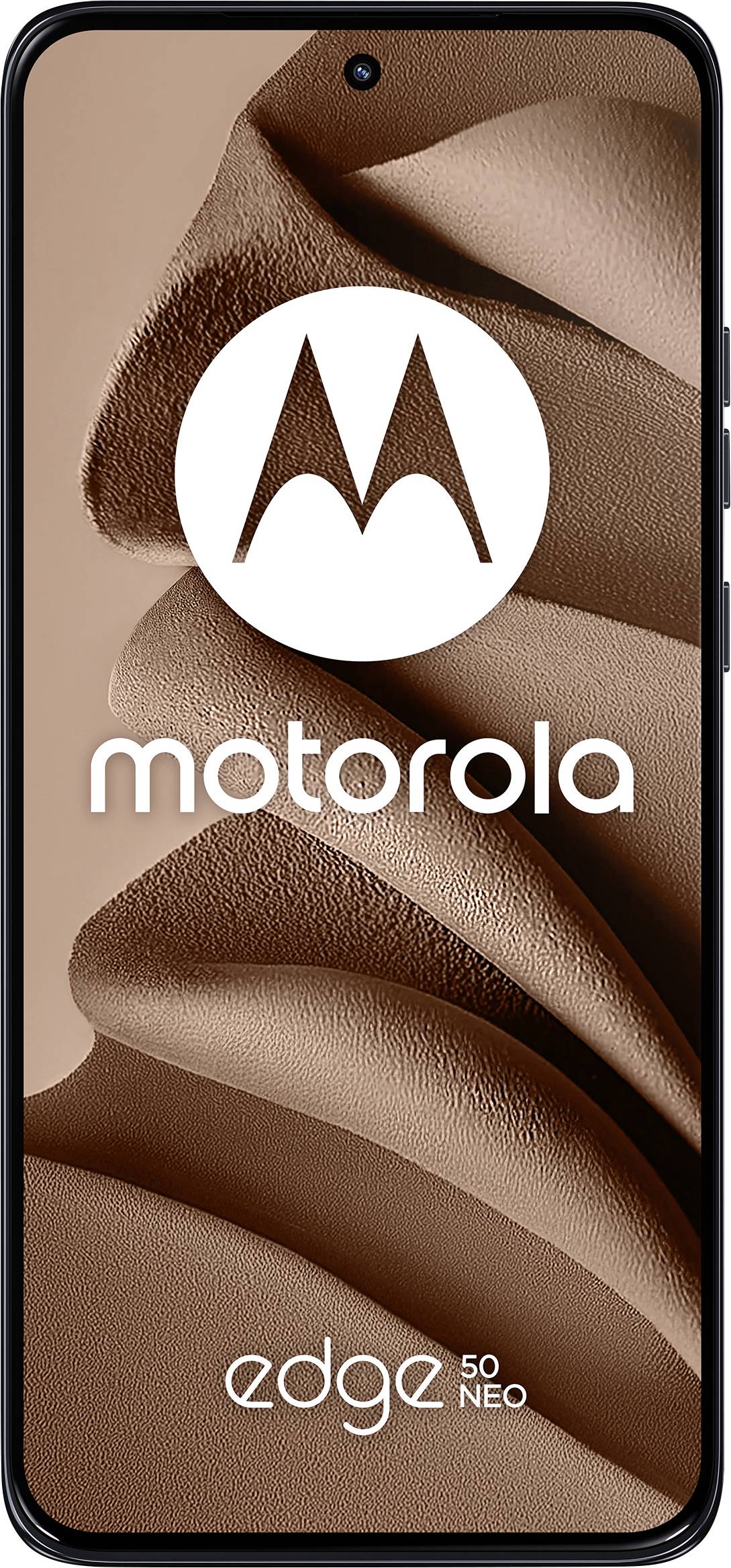 Ein Smartphone, das das Motorola-Logo mit dem Text ‚motorola' und ‚edge 30 neo' auf einem strukturierten braunen Hintergrund zeigt.