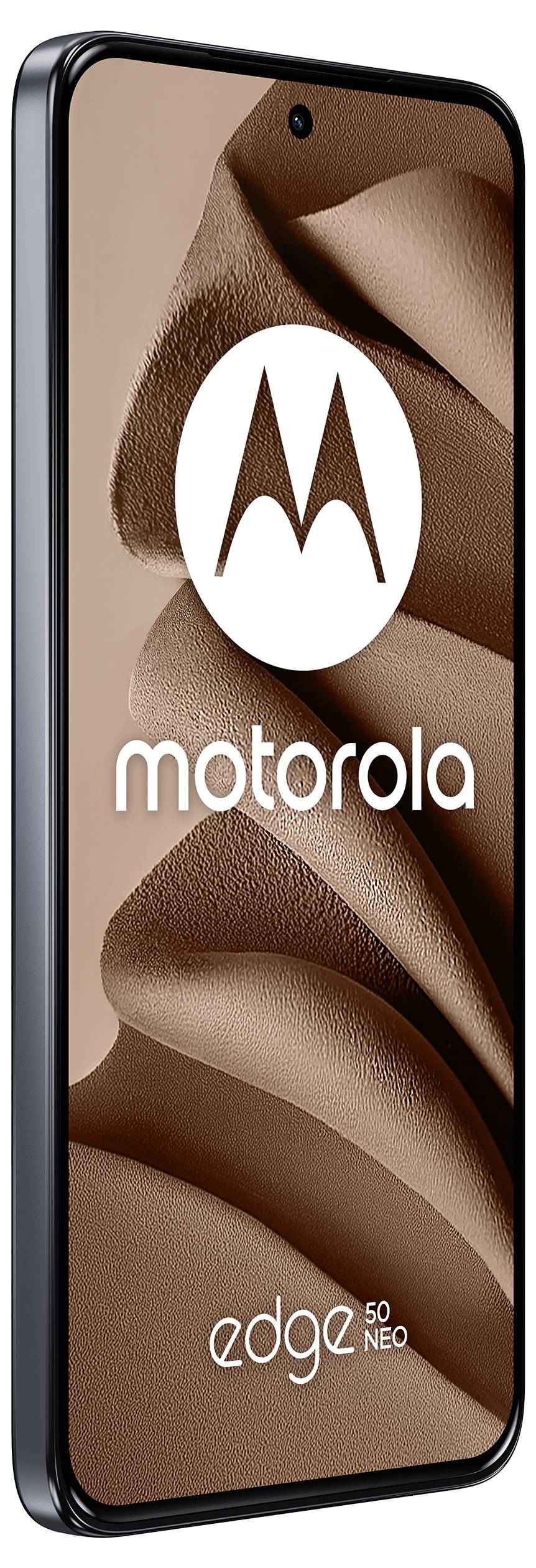 Ein Smartphone mit einem Display, das das Motorola-Logo und den Text ‚motorola edge 50 NEO' auf einem braunen texturierten Hintergrund zeigt.