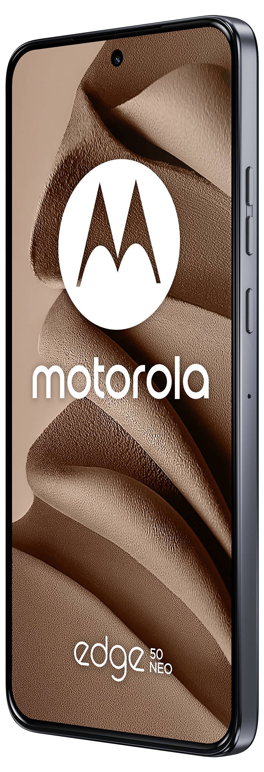 Motorola Edge 50 Neo Smartphone mit einer strukturierten braunen Hintergrundtapete, auf der das Motorola-Logo und der Modellname zu sehen sind. Das Handy verfügt über ein schlankes, modernes Design.