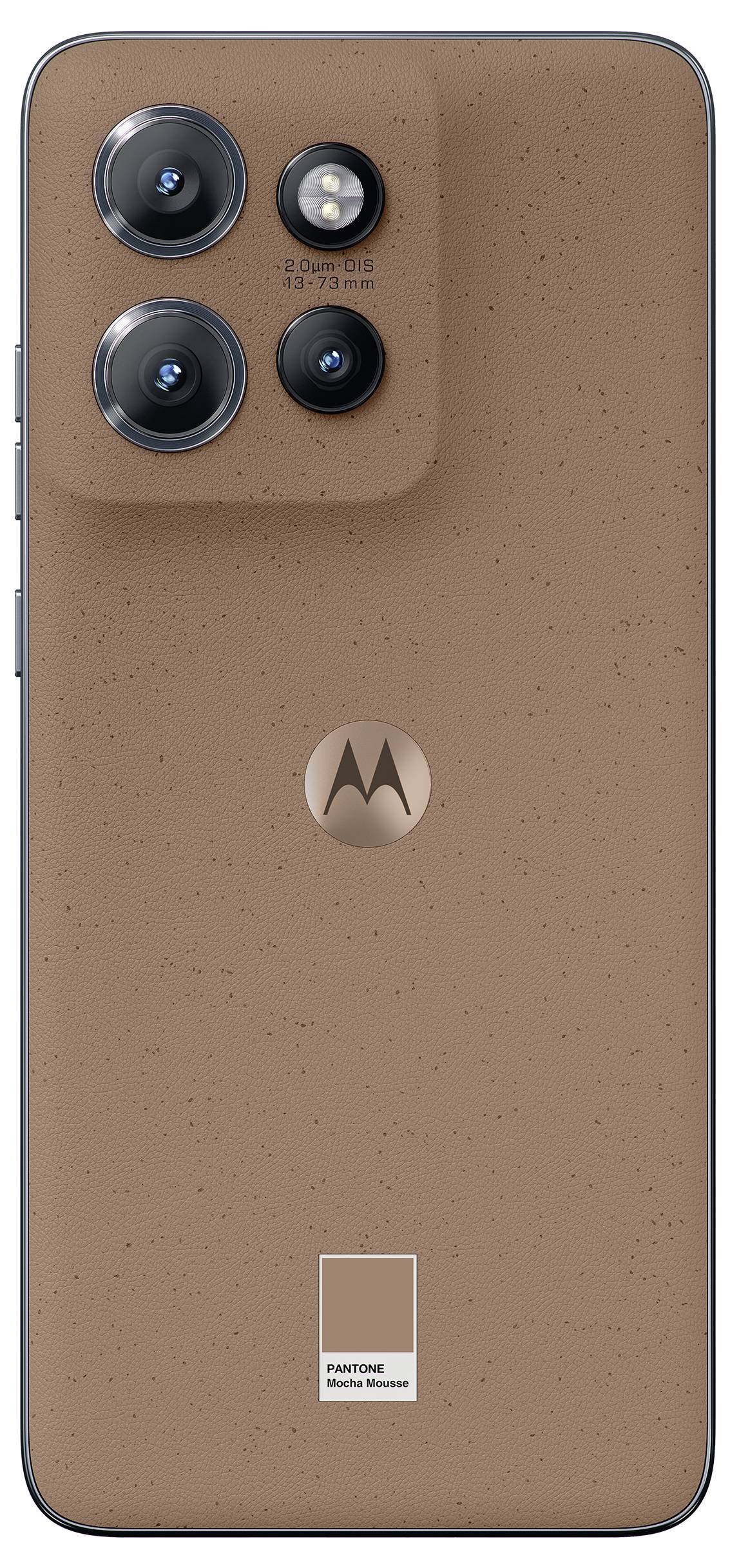 Ein Smartphone mit einer braunen, gesprenkelte Rückseite, die drei Linsen und einen Blitz in der oberen linken Ecke sowie ein Logo in der Mitte aufweist.