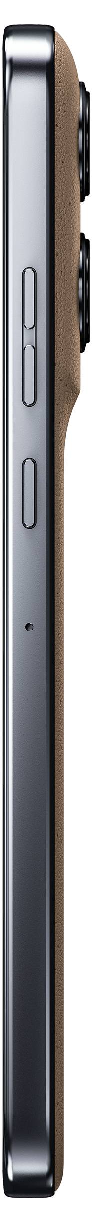 Seitenansicht eines Smartphones mit einer Lederhülle, bei der die Lautstärke- und Einschalttasten zu sehen sind. Zwei Kameraobjektive ragen von der Rückseite hervor.