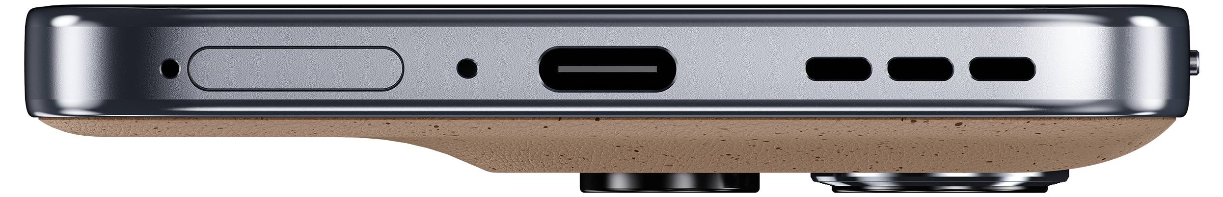 Ein Smartphone von der Seite, das ein gebogenes Gehäuse, Lautsprecher-Gitter, einen USB-C-Anschluss und eine Kameraobjektiv im unteren Bereich zeigt.