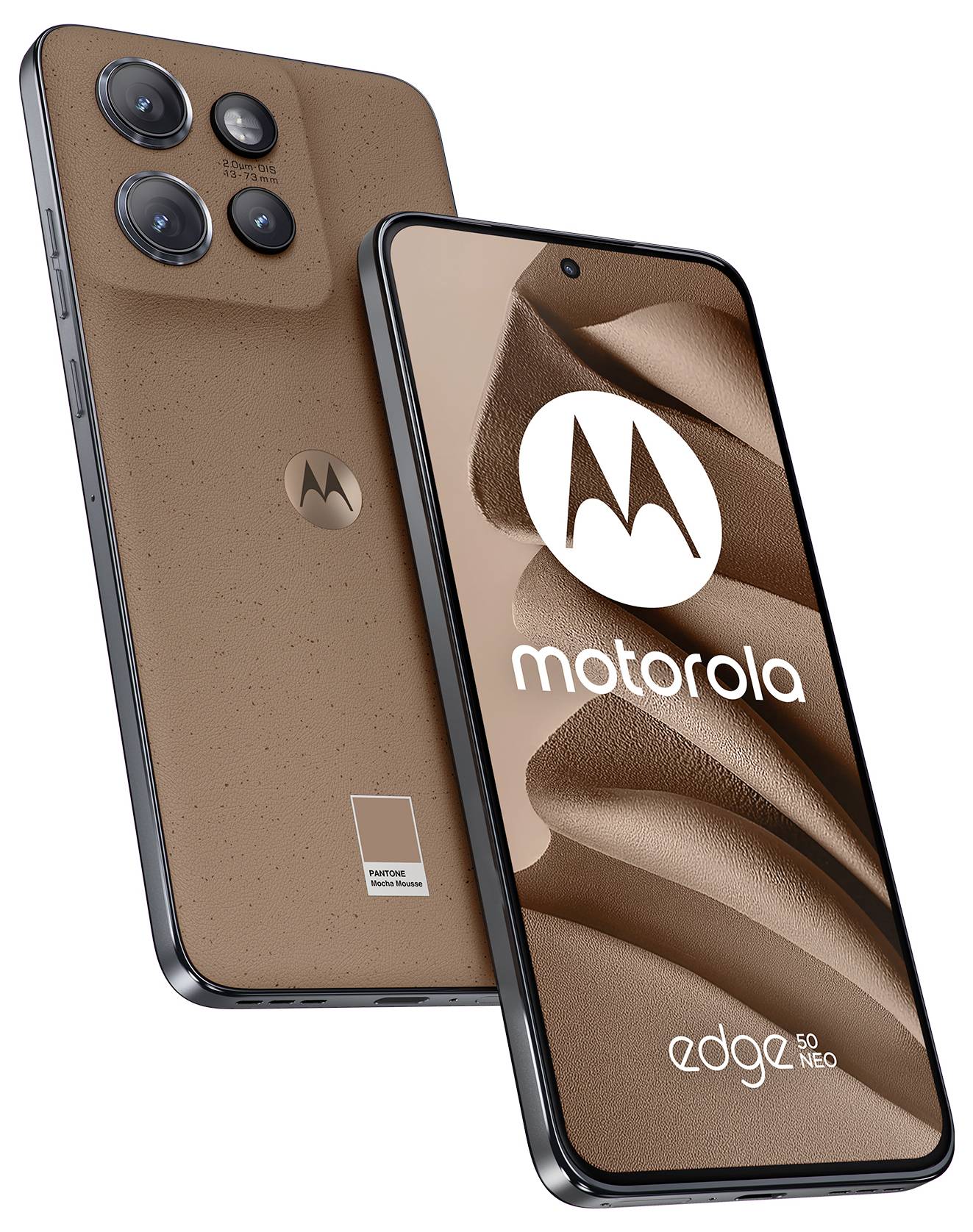 Smartphone 'Motorola Edge 40 Neo' in Vorder- und Rückansicht, mit einem braunen Farbschema und 'motorola' Branding auf dem Bildschirm.