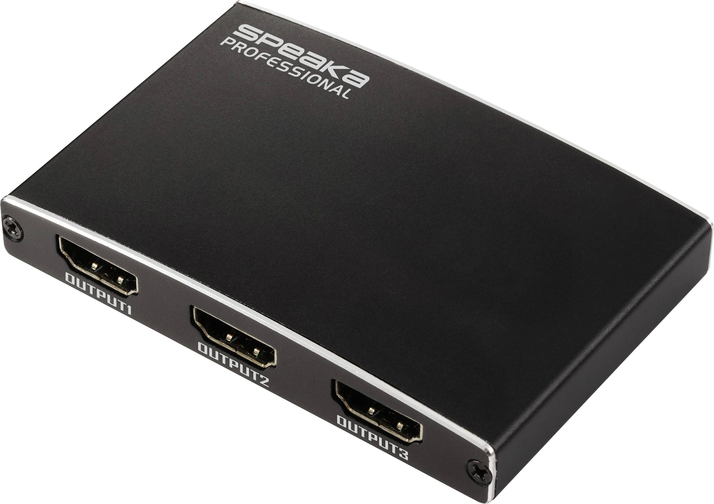 Ein schwarzer HDMI-Verteiler mit drei Ausgabeports, beschriftet als 'OUTPUT1', 'OUTPUT2' und 'OUTPUT3', mit 'SPEAKA PROFESSIONAL' auf der Oberseite.