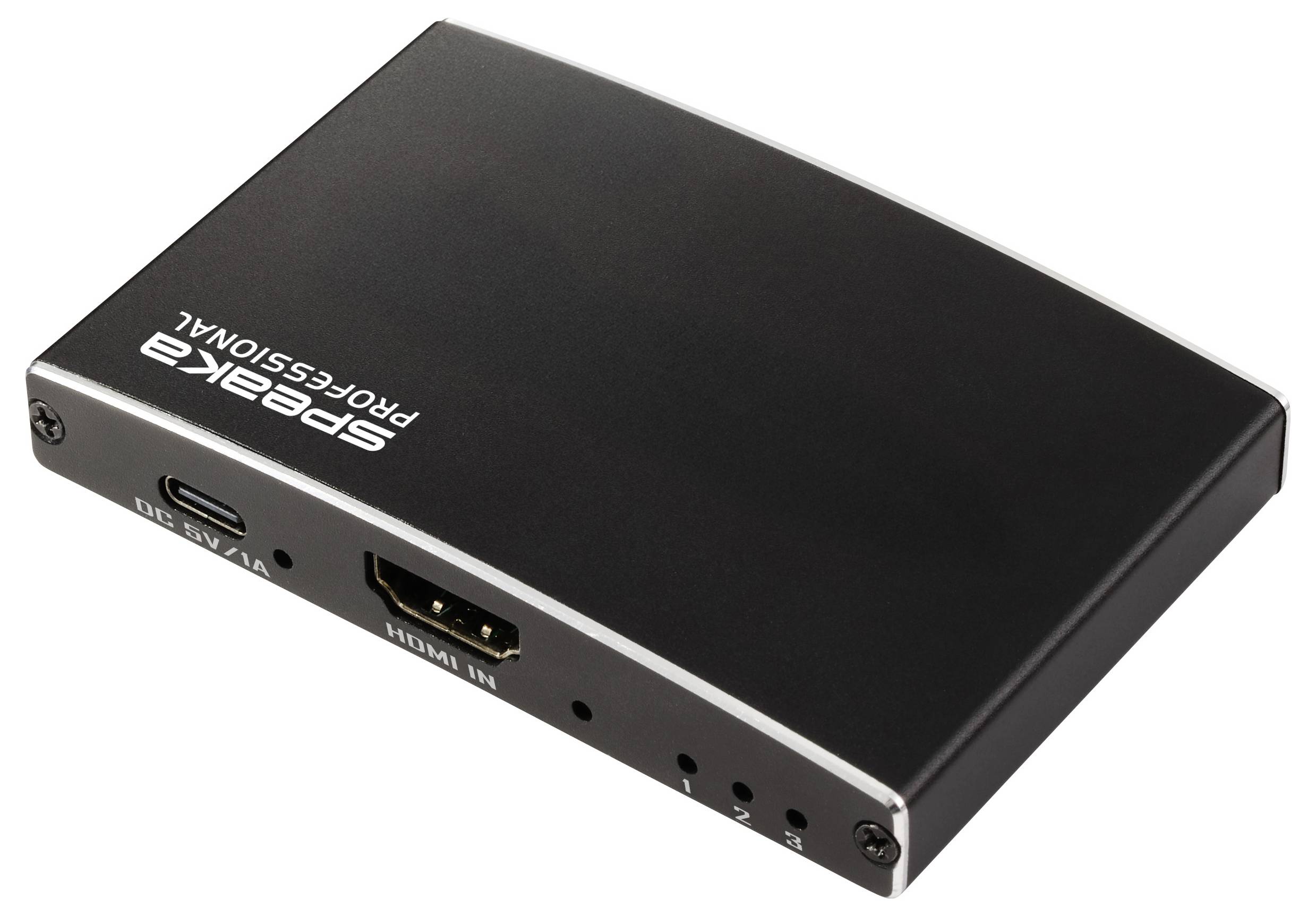 Ein schwarzes Speaka Professional Audiogerät mit HDMI- und USB-Anschlüssen, das zur Verbindung und Verarbeitung von Audio- oder Videosignalen verwendet wird.