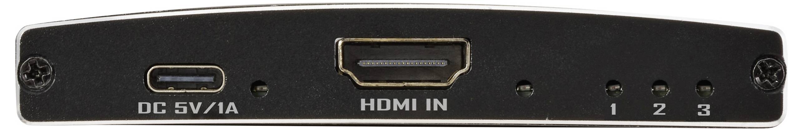 Eine schwarze HDMI-Switchbox mit DC 5V/1A Eingang, HDMI-IN-Anschluss und drei Kontrollleuchten, die mit 1, 2 und 3 beschriftet sind.