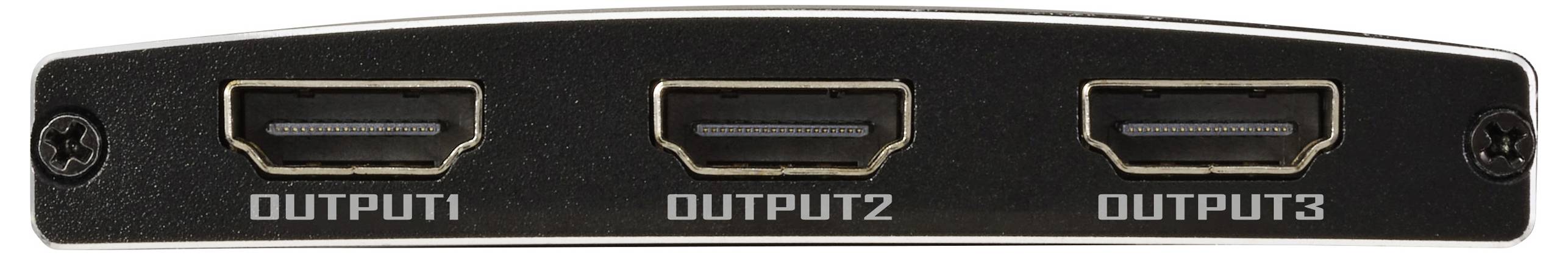 Drei HDMI-Ausgabeports, beschriftet mit 'OUTPUT1', 'OUTPUT2', 'OUTPUT3' auf einer schwarzen Blende, konzipiert zum Anschluss mehrerer Displays oder Geräte.