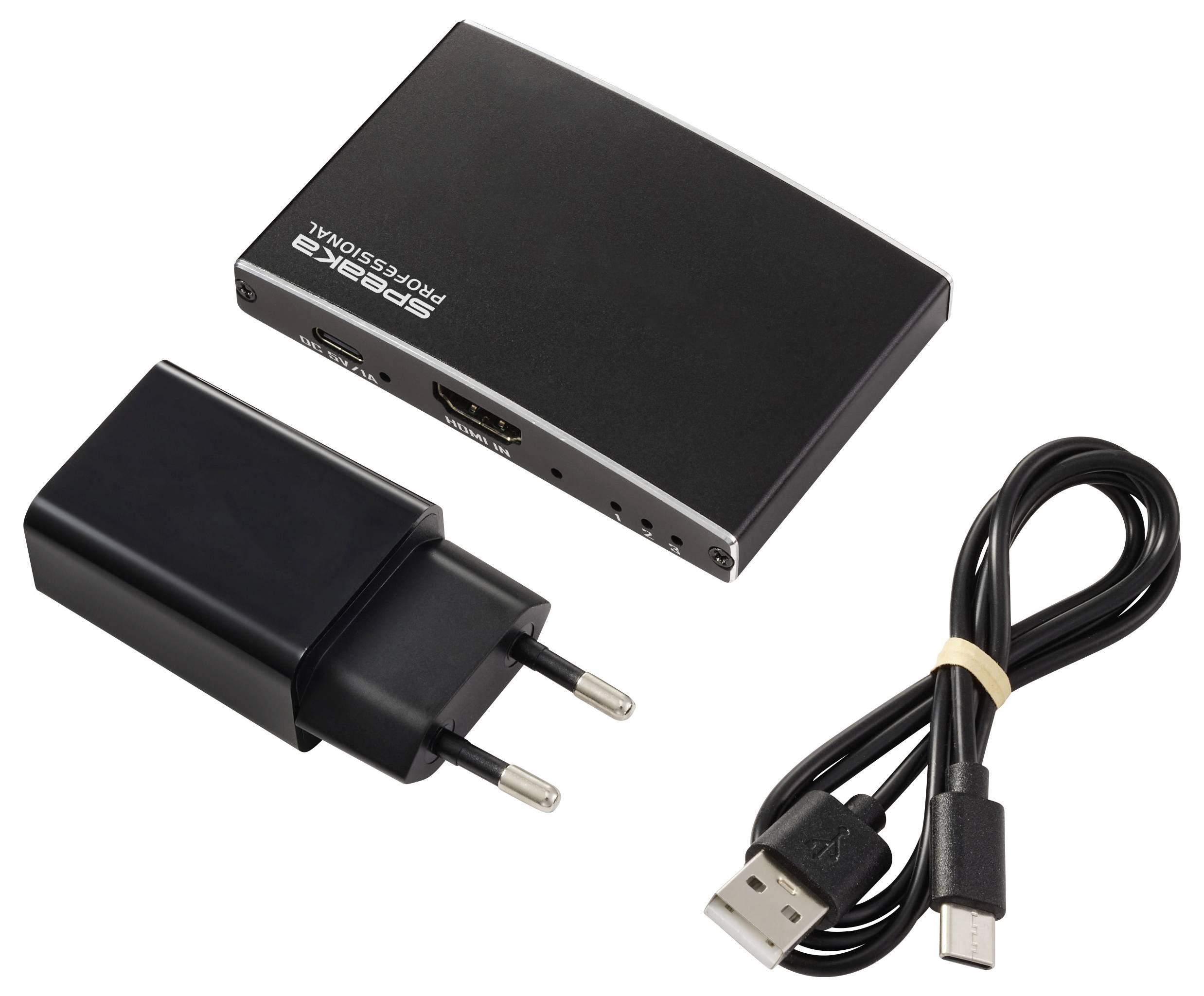 Behringer HDMI zu USB 3.0 Video-Capture-Gerät zusammen mit einem USB-Kabel und Netzteil für den EU-Raum