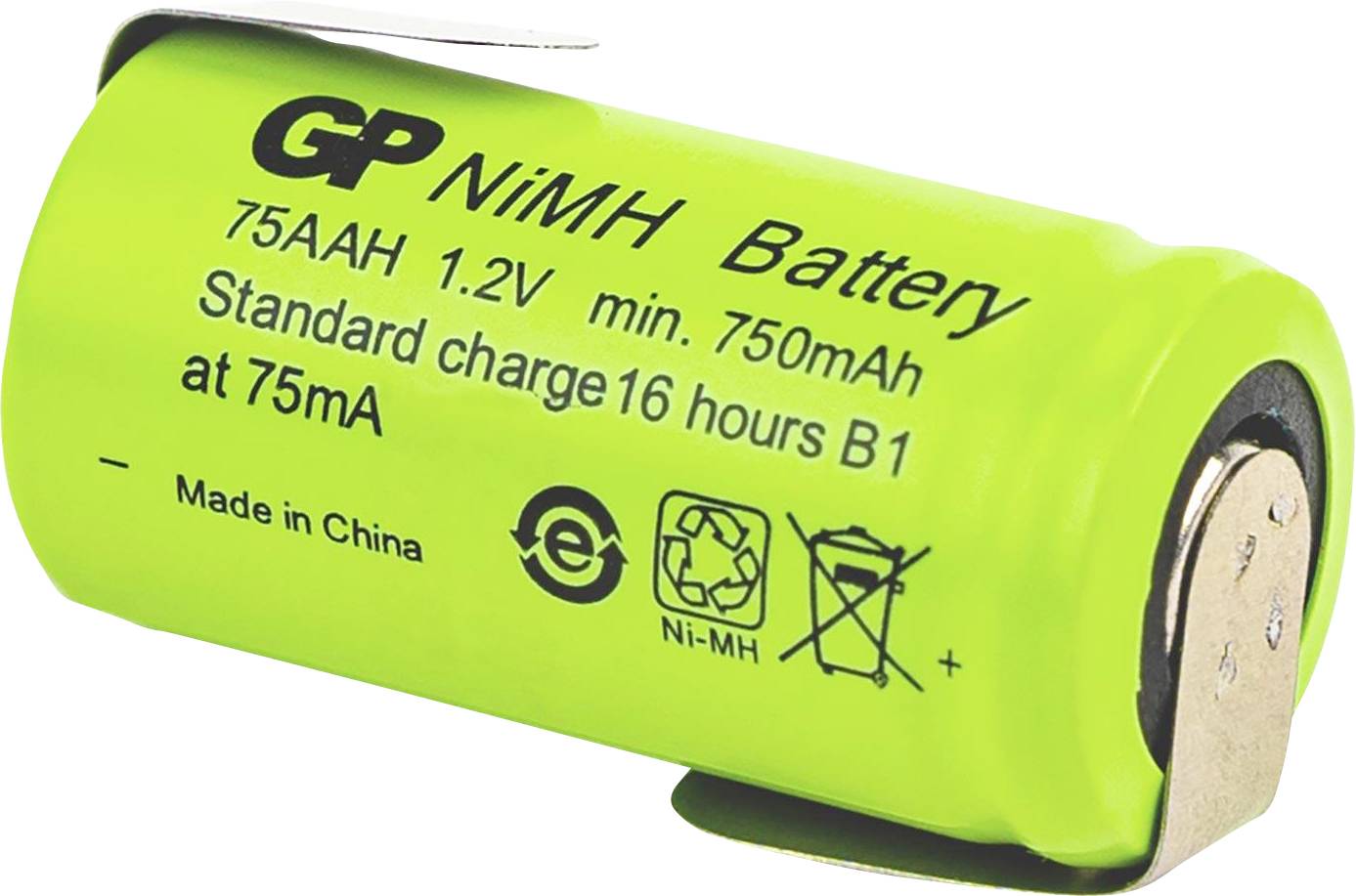 Eine zylindrische NiMH-Batterie mit der Beschriftung '75AAH 1,2V, 750mAh'. Text enthält: 'Standardladung 16 Stunden bei 75mA'. Hergestellt in China.