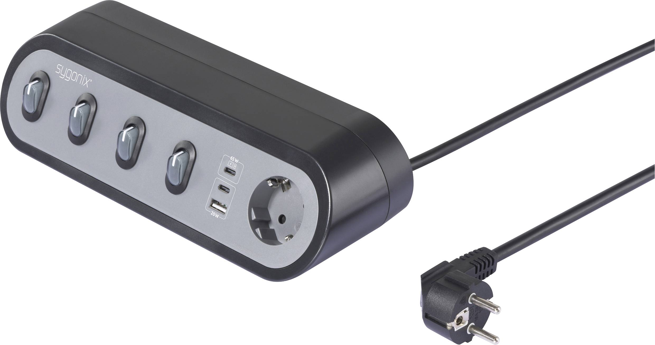 Eine schwarze Steckdosenleiste mit vier einzelnen Schaltern, einer Steckdose, zwei USB-Anschlüssen und einem Stecker.