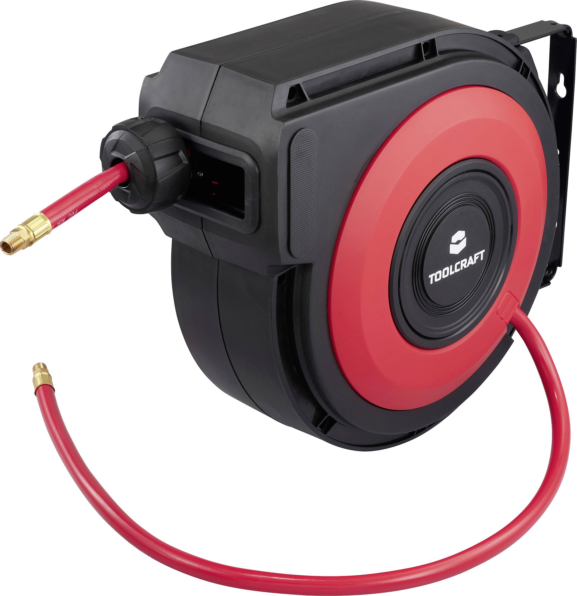 Einziehbare rote Druckluftschlauchrolle mit schwarzem Gehäuse, an einer Wandhalterung montiert, geeignet zum Organisieren und Aufbewahren von Druckluftschläuchen.