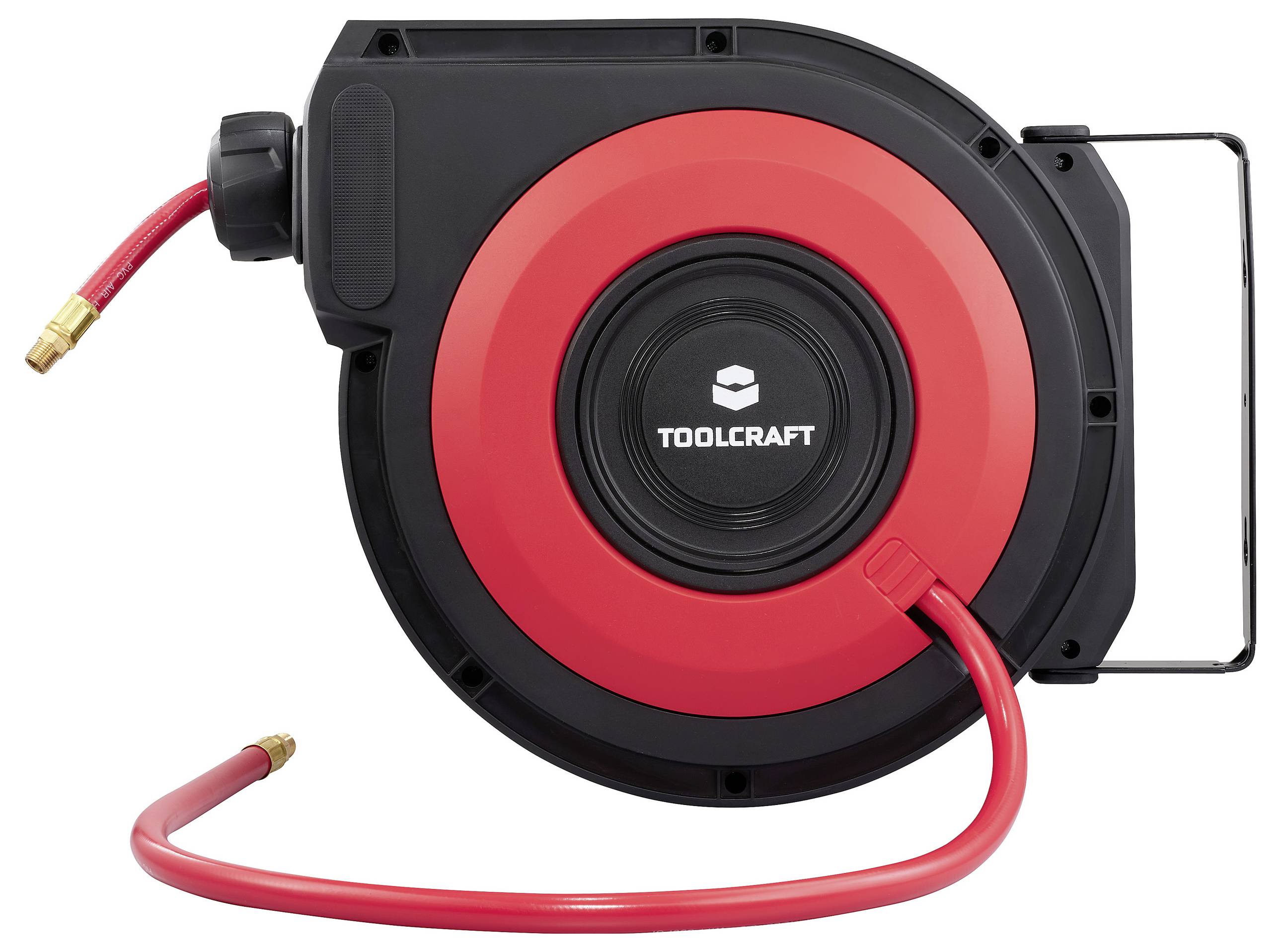 Schlauchtrommel 'Toolcraft' mit schwarz-rotem Design, Wandhalterung und einziehbarem Schlauch, geeignet für die Nutzung in der Garage.