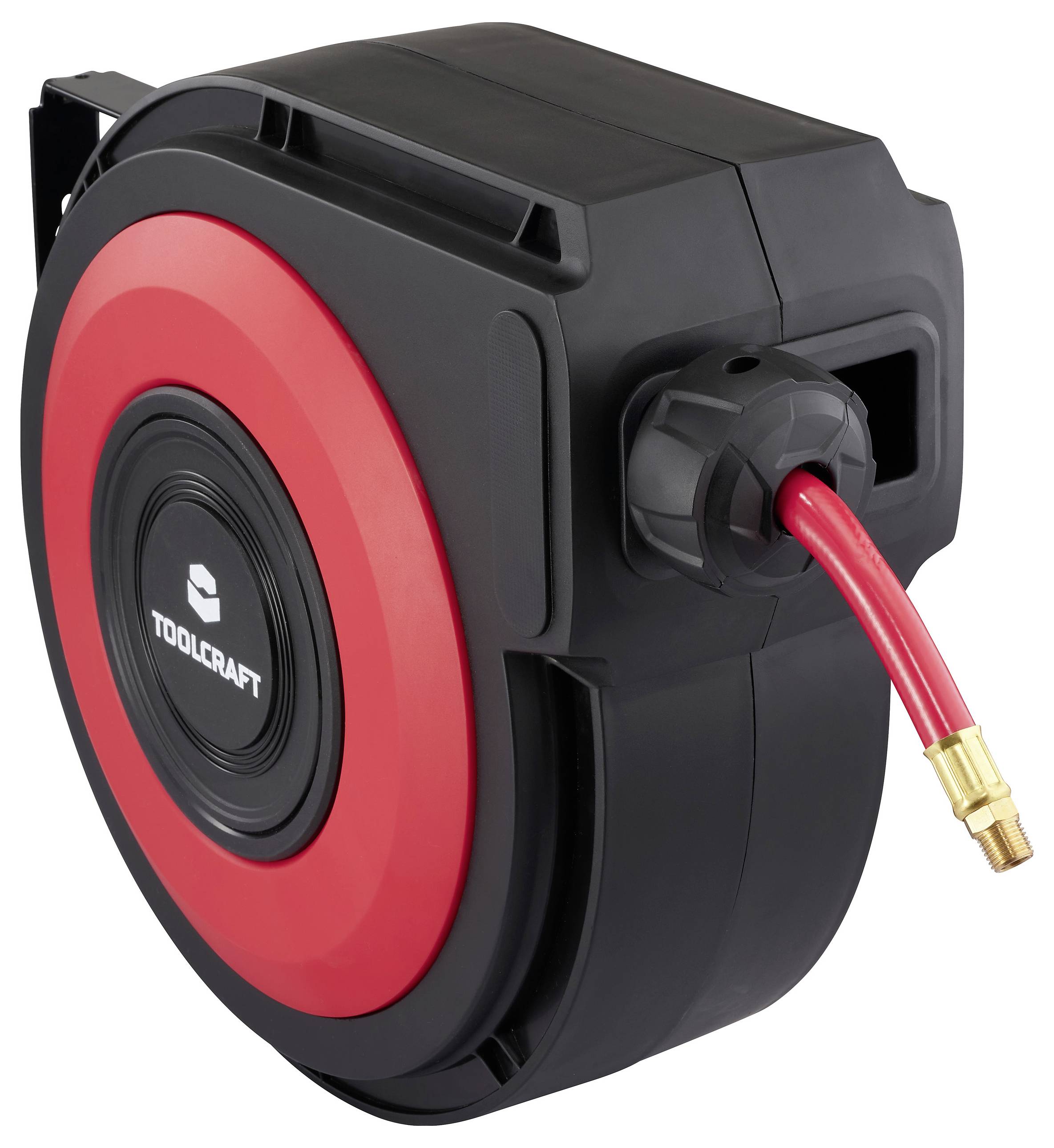 Eine rote und schwarze einziehbare Druckluftschlauchrolle mit TOOLCRAFT-Logo, mit sichtbarem Schlauchauslass und Messinganschluss zur Reichweitenerweiterung.