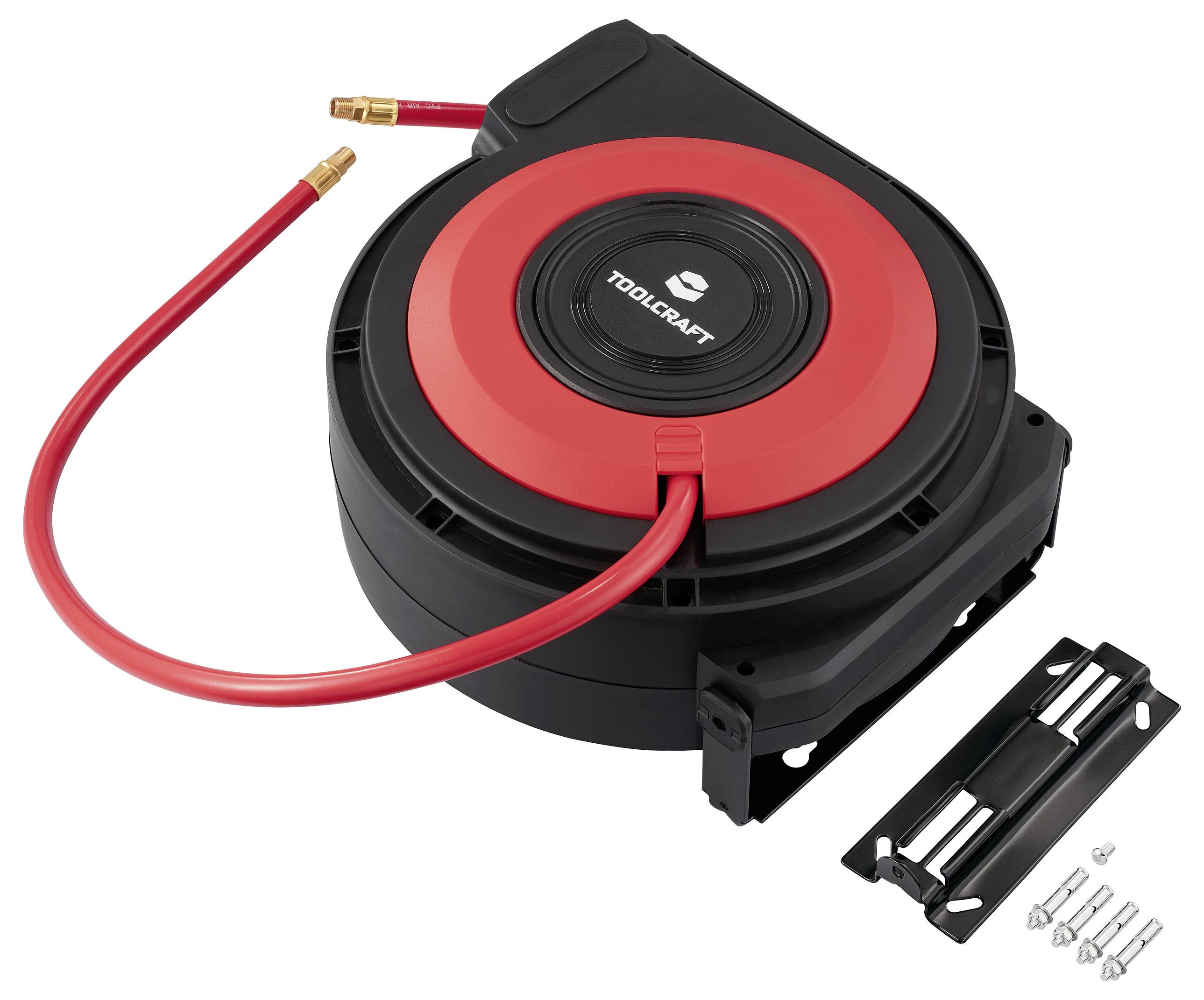 Eine schwarze und rote einziehbare Luftschlauchrolle mit Wandhalterung und Schrauben, mit der Markenbezeichnung 'Toolcraft' in der Mitte.