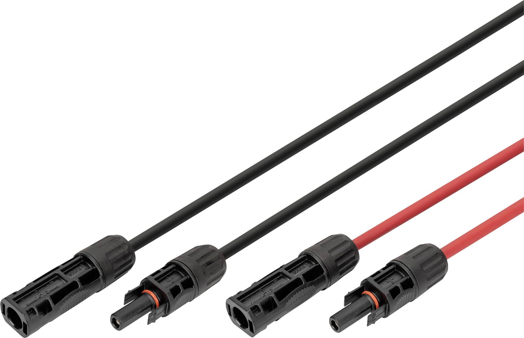 Rote und schwarze Elektrokabel mit Steckverbindern auf weißem Hintergrund. Die Steckverbinder haben Schutzabdeckungen und sind für sichere Verbindungen konzipiert.