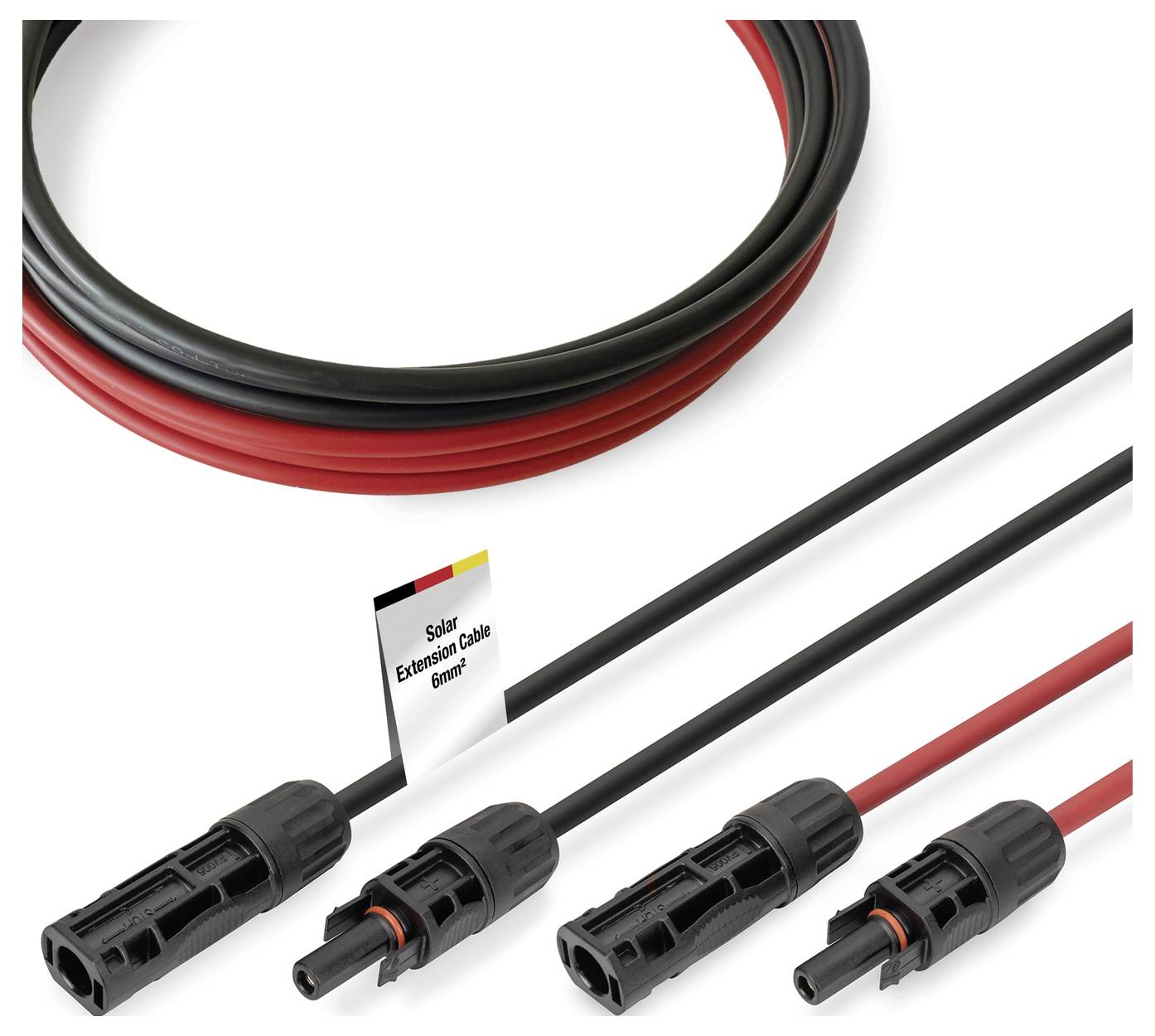 Rote und schwarze Solarkabel mit Anschlüssen, 6 mm gekennzeichnet.