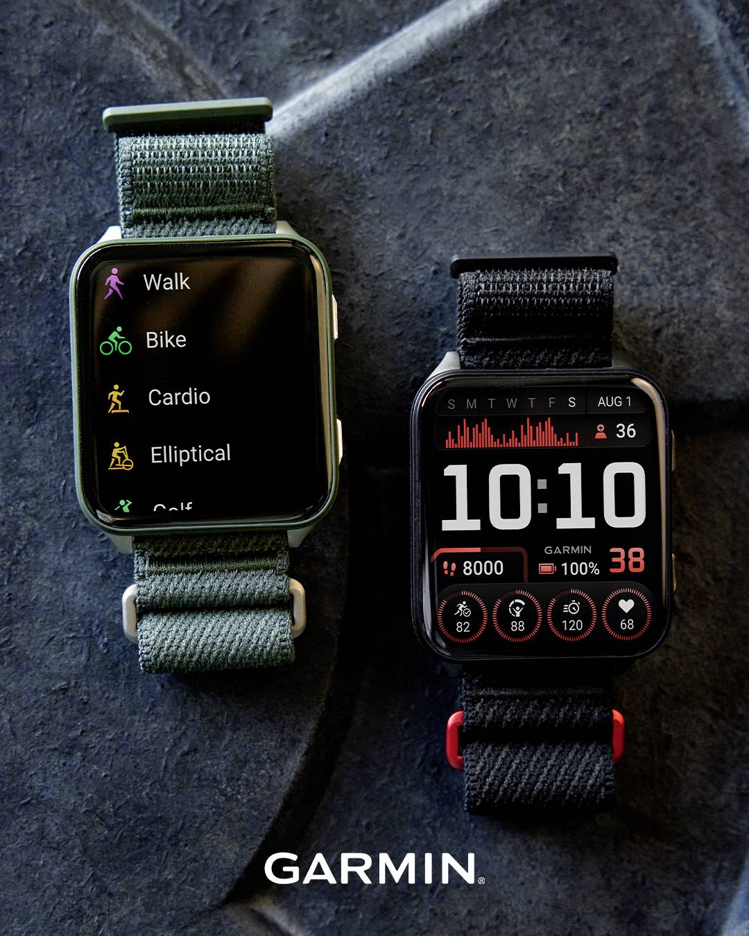 Zwei Smartwatches mit Nylonbändern zeigen Trainingsoptionen ('Gehen', 'Fahrrad', 'Cardio' usw.) und eine digitale Uhrzeit von 10:10. Markenname: Garmin.