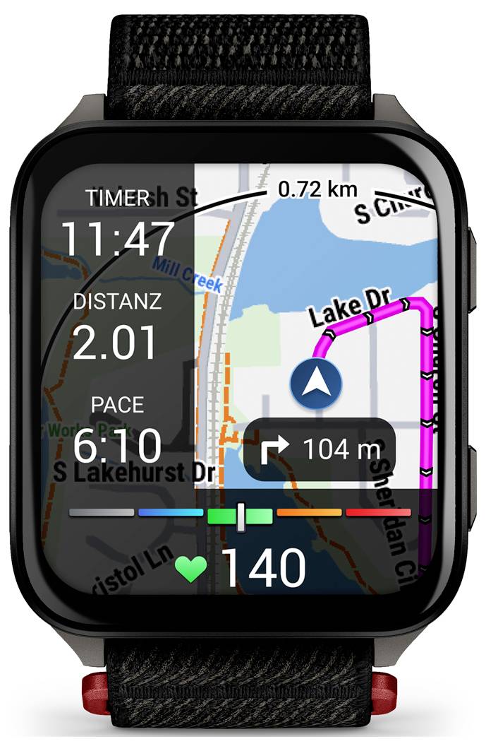 Smartwatch-Bildschirm zeigt eine Lauf-App mit Routenkarte, Distanz von 2,01 km, Tempo von 6:10 min/km, Herzfrequenz von 140 Schlägen pro Minute und Navigationspfeil.