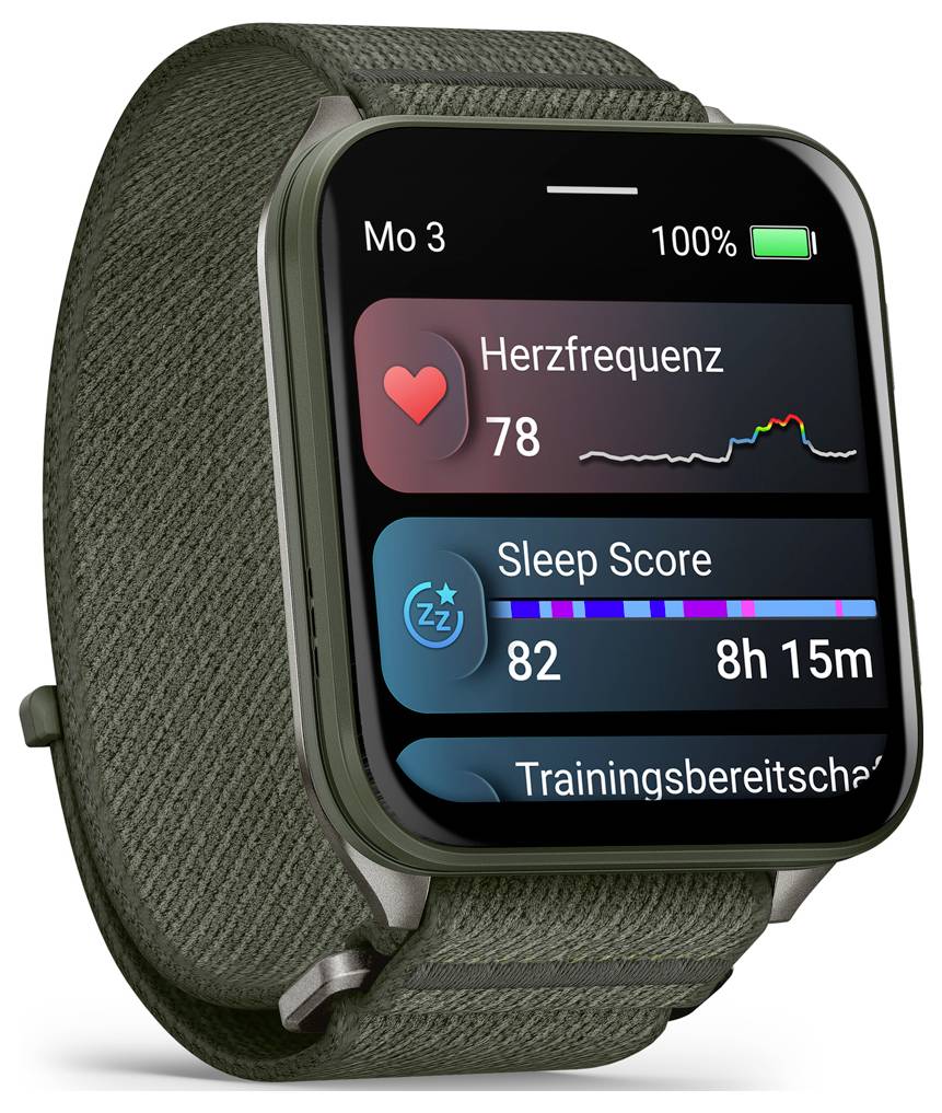Smartwatch zeigt Gesundheitsmetriken: Herzfrequenz 78 bpm, Schlaf-Score 82 und Schlafdauer 8h 15m, in deutscher Benutzeroberfläche.