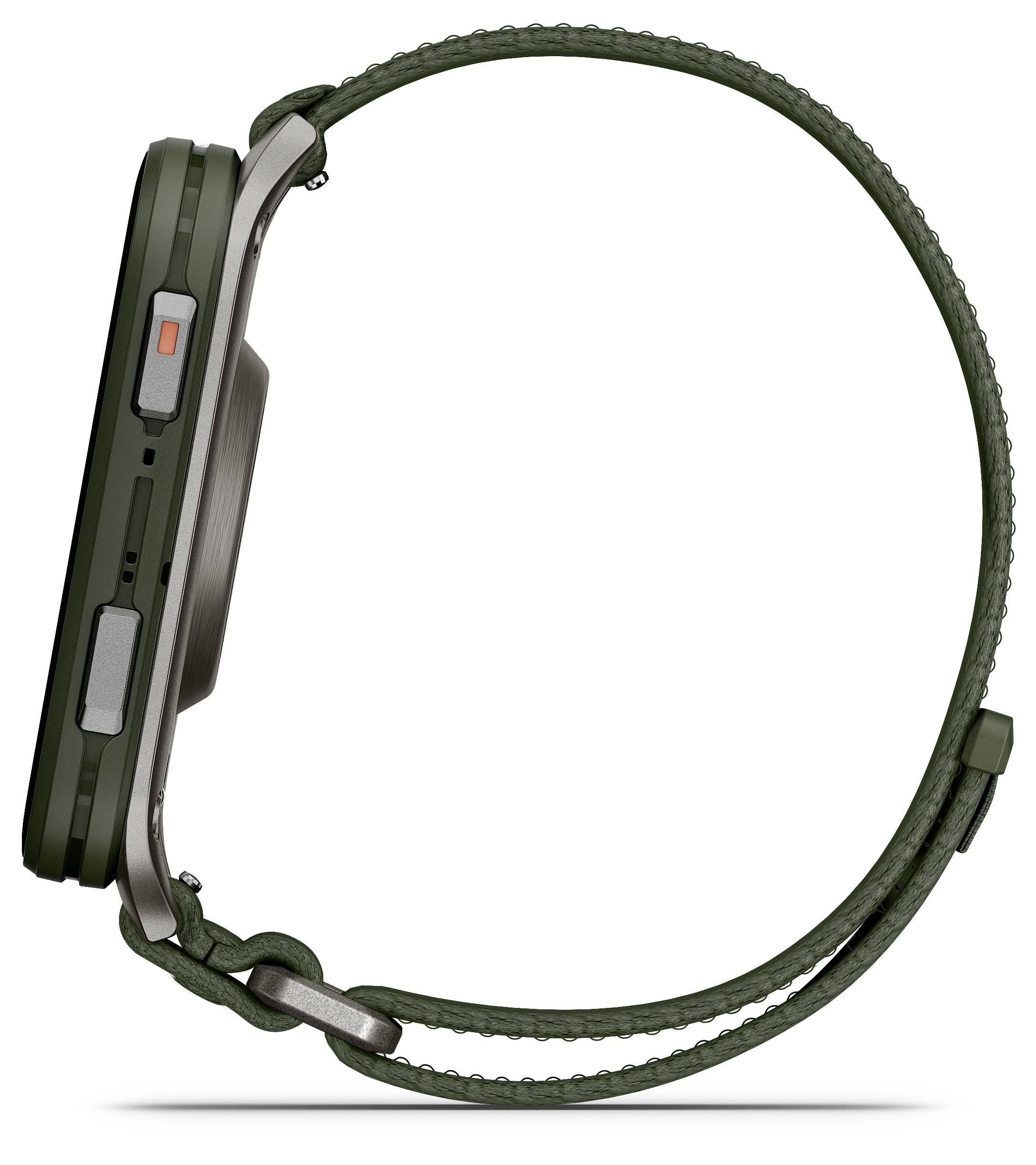 Eine schlanke, moderne Smartwatch mit einem grünen Armband wird in einer Seitenprofilansicht gezeigt, die ihr schlankes Design und die mehreren seitlichen Tasten hervorhebt.