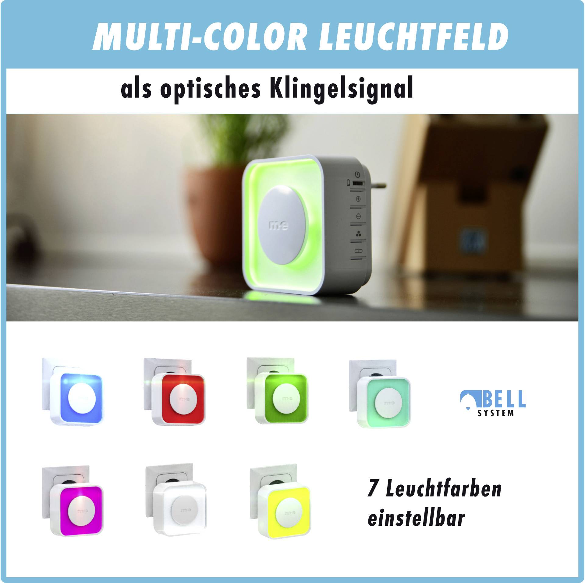 'Multi-Color Leuchtfeld als optisches Klingelsignal' zeigt ein leuchtendes Gerät mit einstellbaren Farben als Klingelsignaloption.