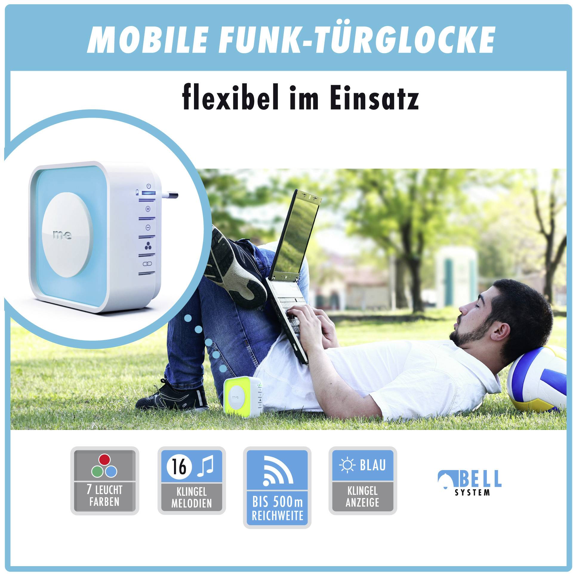 Ein Mann liegt auf dem Rasen mit einem Laptop. Werbung für eine mobile Funk-Türklingel mit 7 Farben, 16 Melodien, bis 500m Reichweite.