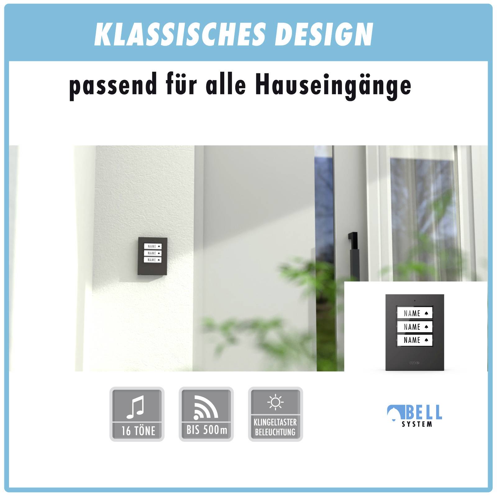 Türklingel im klassischen Design, passend für alle Hauseingänge. Beleuchteter Klingelknopf, 16 Töne, Reichweite bis 500m.