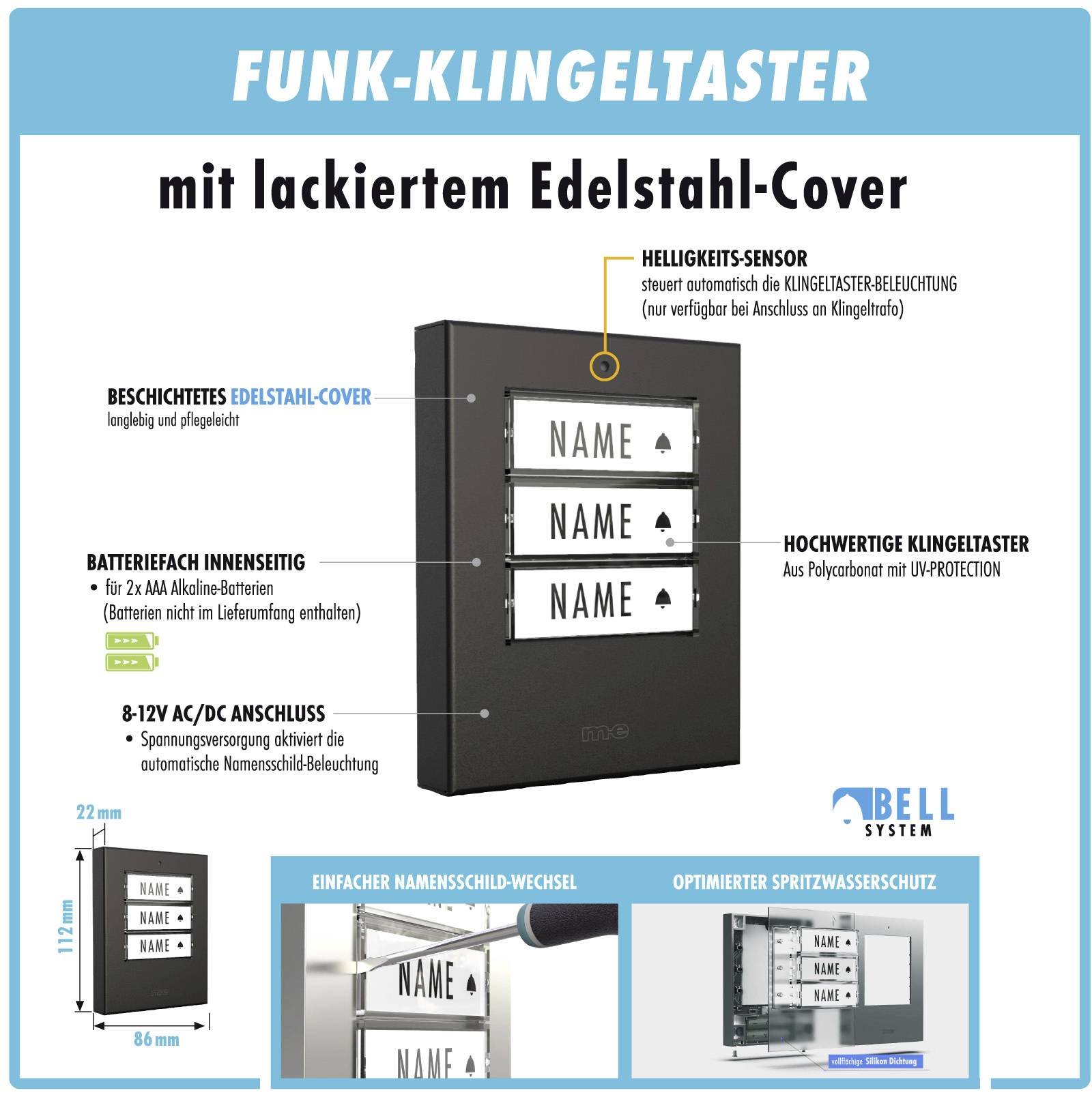 Drahtloser Klingeltaster mit Edelstahl-Cover, Hellikeitssensor, einfacher Namensschildwechsel, optimierter Spritzwasserschutz.
