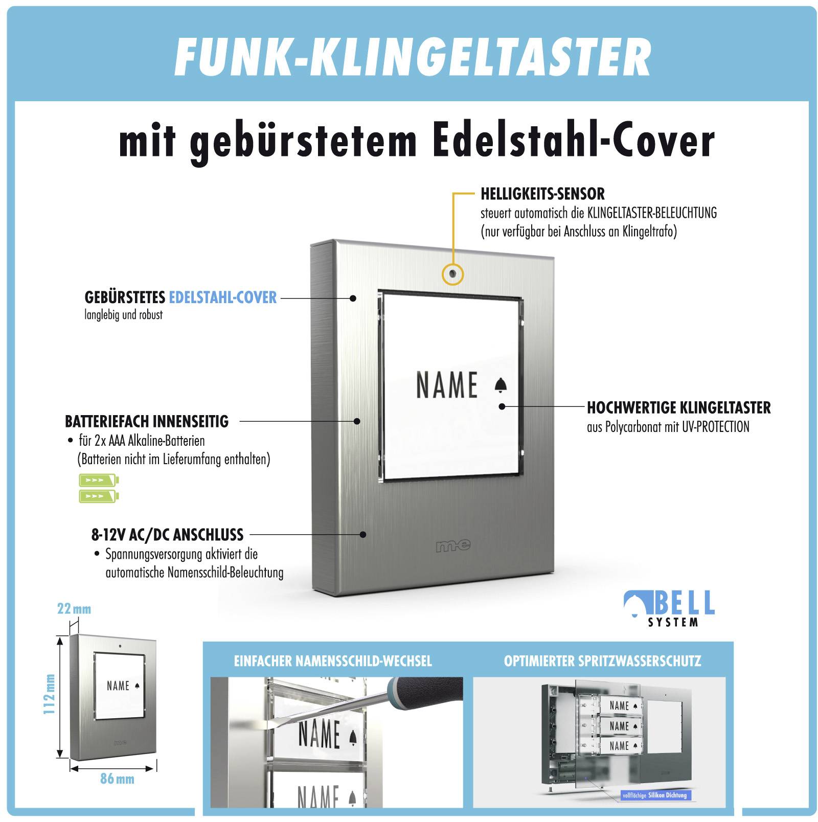 M-e modern-electronics 100126 Funkklingel Komplett-Set beleuchtet, mit Adressfeld