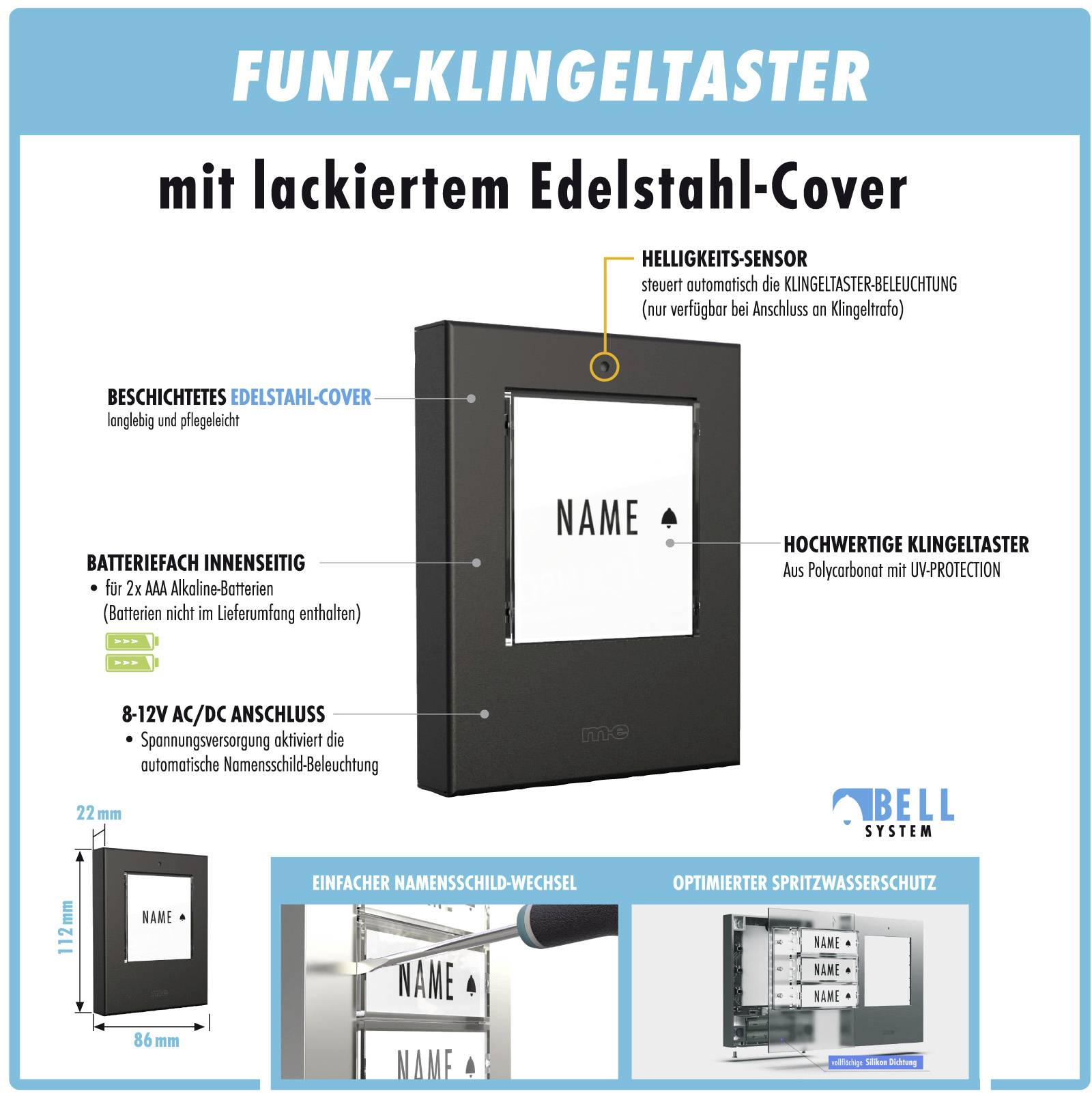 M-e modern-electronics 100127 Funkklingel Komplett-Set beleuchtet, mit Adressfeld