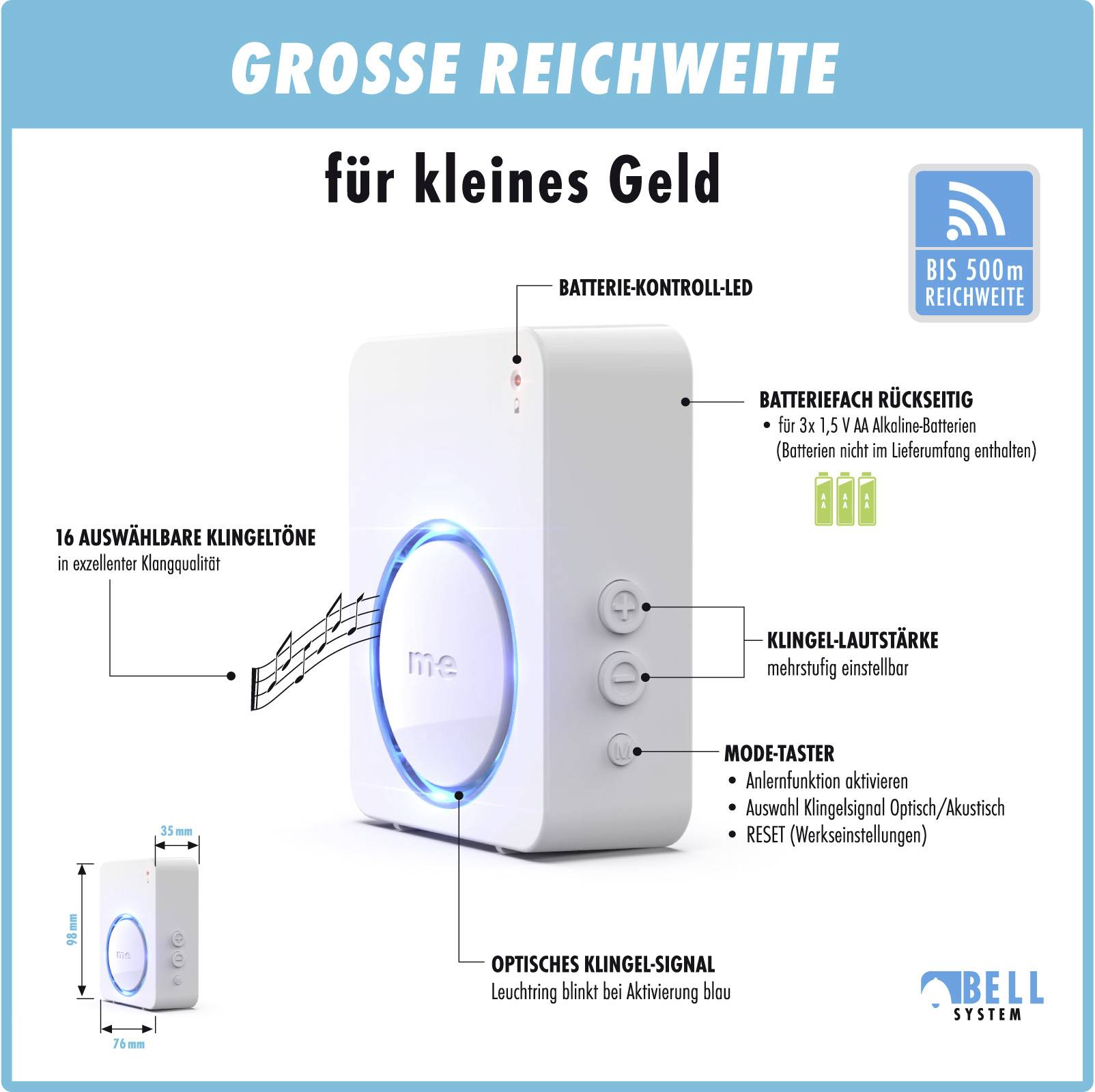 M-e modern-electronics 100147 Funkklingel Komplett-Set beleuchtet, mit Namensschild, mit Bewegungsmelder, klangaktiv