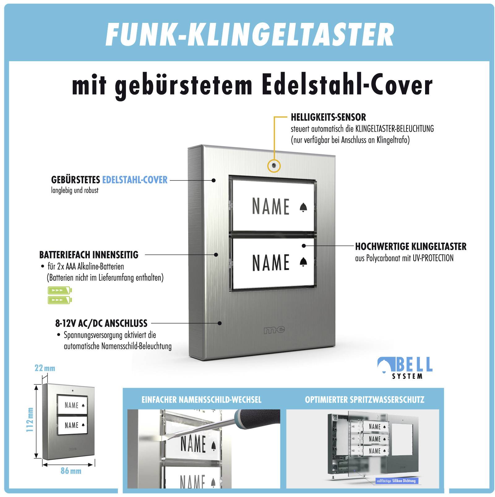 m-e modern-electronics 100151 Funkklingel Komplett-Set beleuchtet, klangaktiv, mit Bewegungsmelder, mit Namensschild