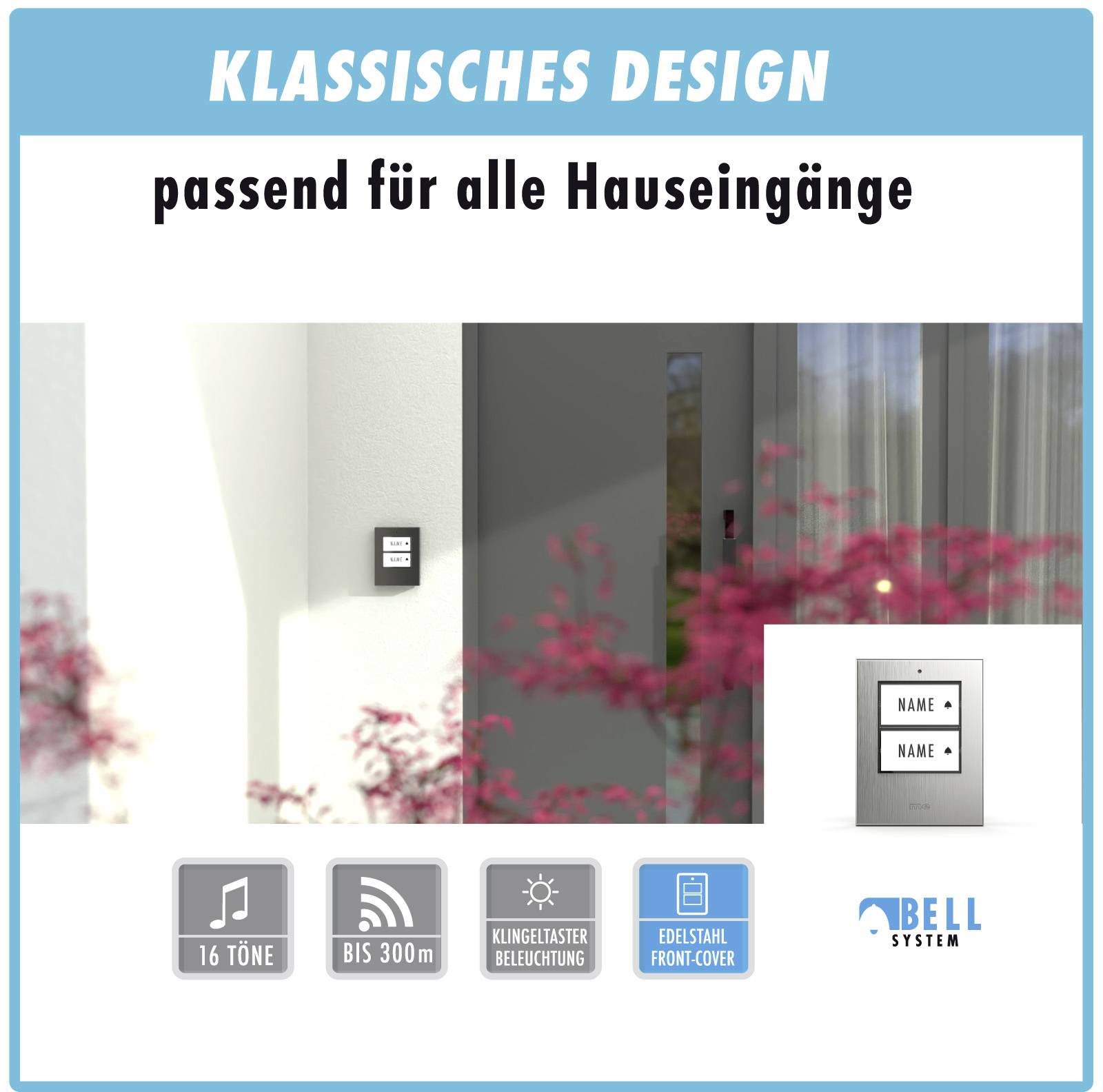 m-e modern-electronics 100151 Funkklingel Komplett-Set beleuchtet, klangaktiv, mit Bewegungsmelder, mit Namensschild