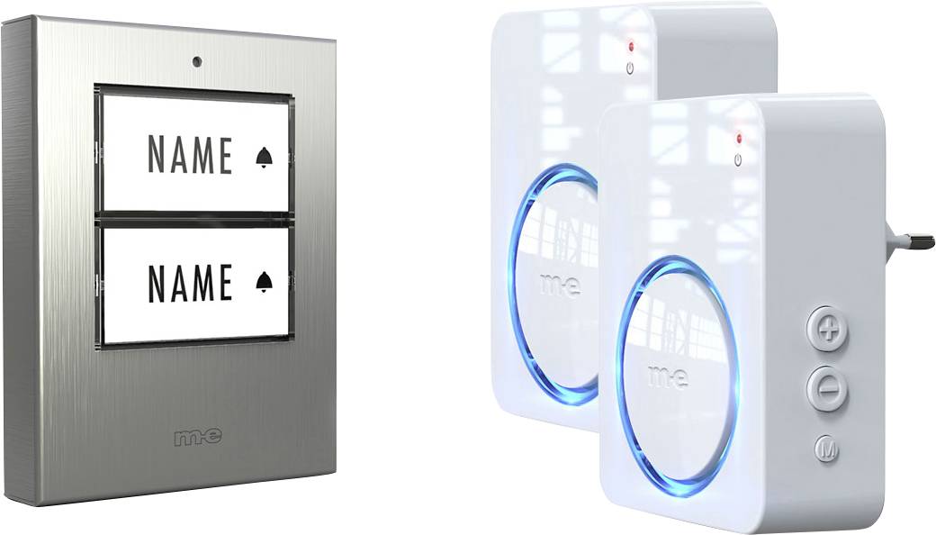 Ein drahtloses Türklingelsystem mit Doppel-Namensschild und zwei Stecker-Klingeln mit LED-Anzeigen, konzipiert für Haushalte mit mehreren Bewohnern.