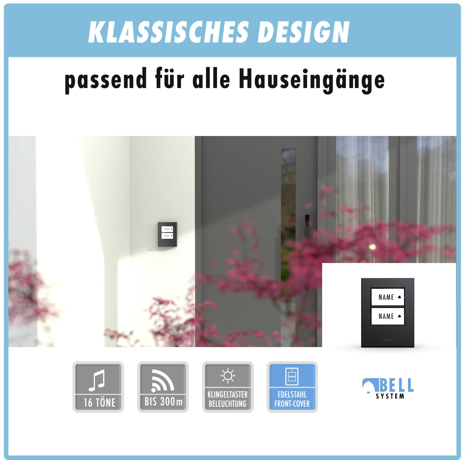 M-e modern-electronics 100152 Funkklingel Komplett-Set beleuchtet, klangaktiv, mit Bewegungsmelder, mit Namensschild