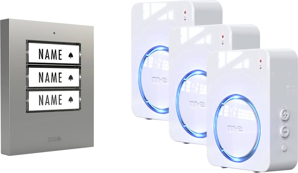M-e modern-electronics 100163 Funkklingel Komplett-Set beleuchtet, klangaktiv, mit Bewegungsmelder, mit Namensschild