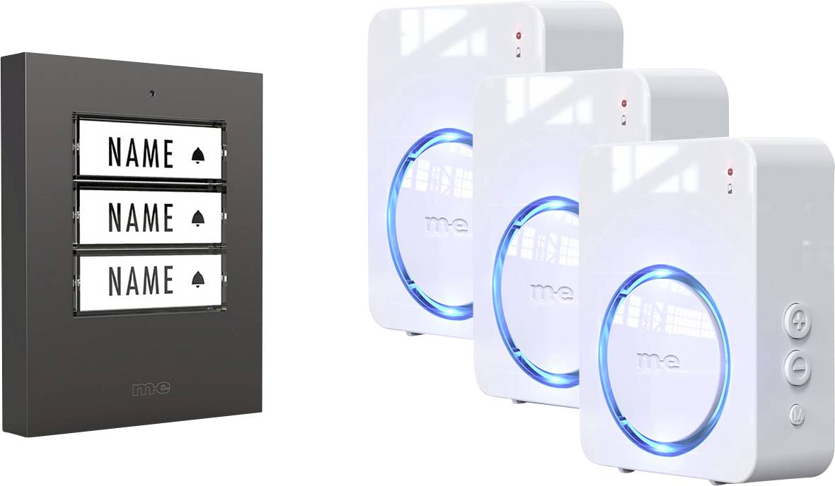 M-e modern-electronics 100164 Funkklingel Komplett-Set beleuchtet, klangaktiv, mit Bewegungsmelder, mit Namensschild