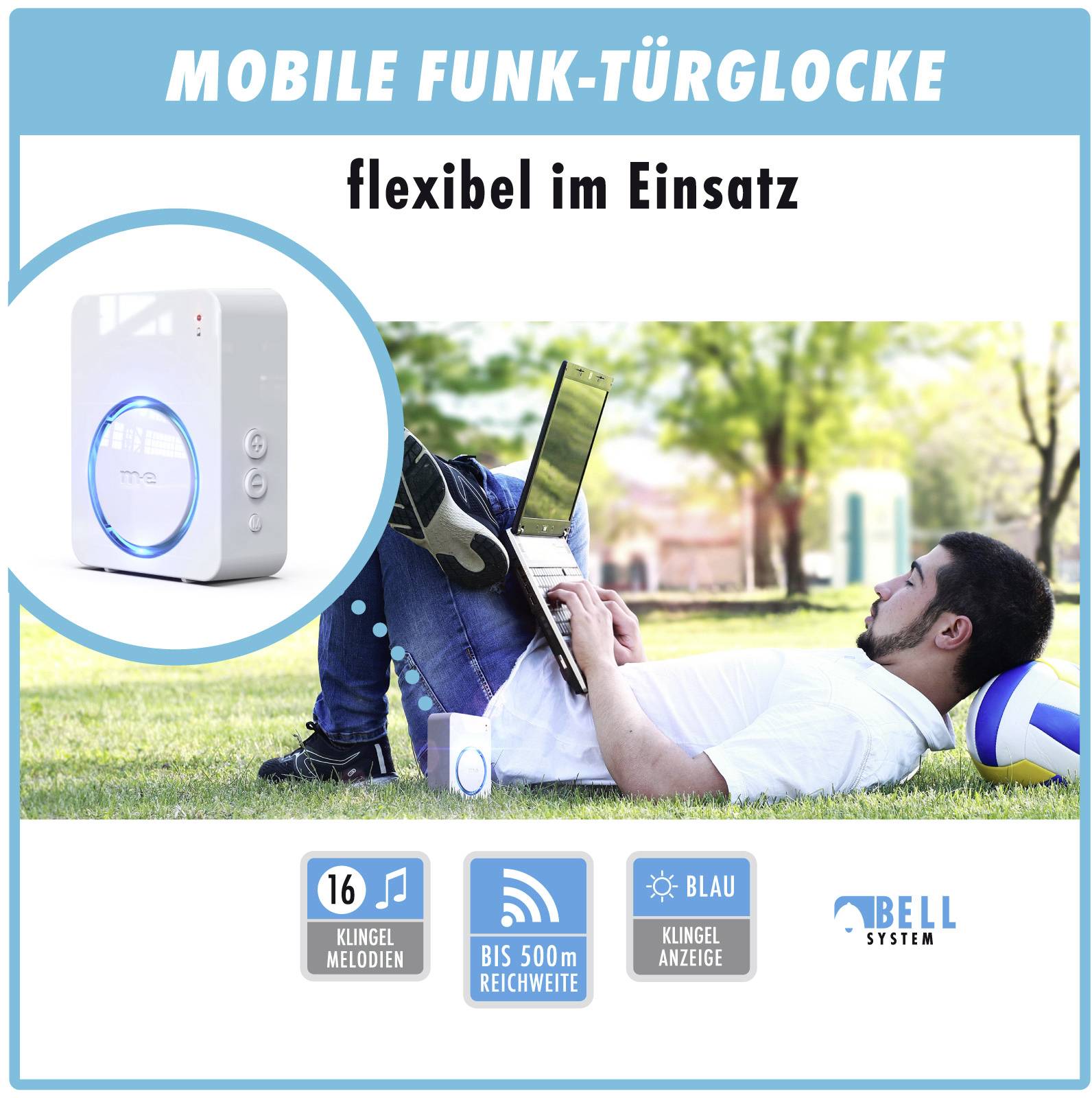 M-e modern-electronics 100167 Funkklingel Komplett-Set beleuchtet, klangaktiv, mit Bewegungsmelder, mit Namensschild