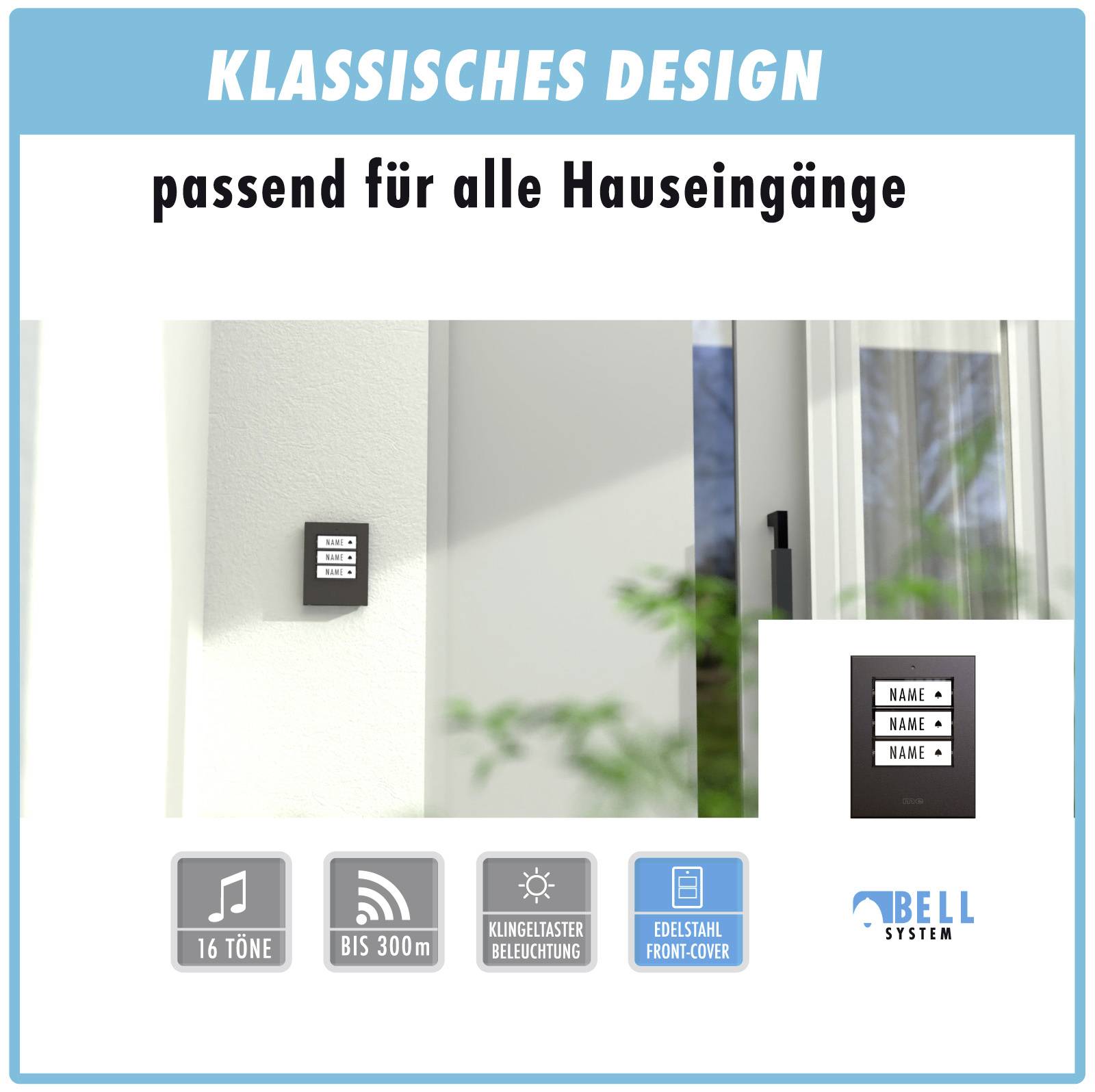 M-e modern-electronics 100167 Funkklingel Komplett-Set beleuchtet, klangaktiv, mit Bewegungsmelder, mit Namensschild