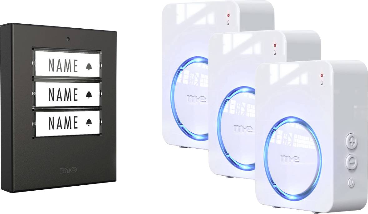 M-e modern-electronics 100167 Funkklingel Komplett-Set beleuchtet, klangaktiv, mit Bewegungsmelder, mit Namensschild