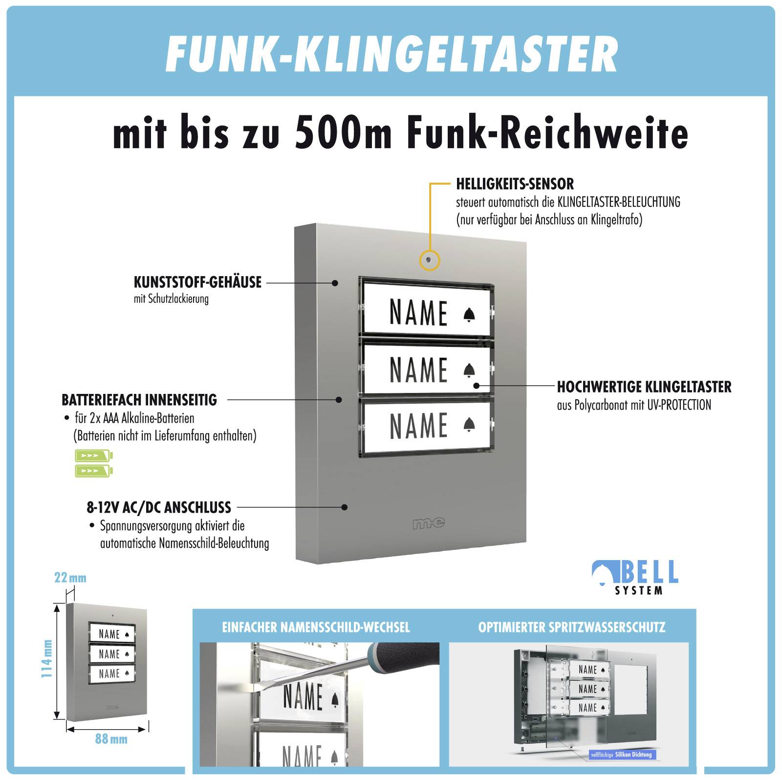 M-e modern-electronics 100168 Funkklingel Komplett-Set beleuchtet, klangaktiv, mit Bewegungsmelder, mit Namensschild