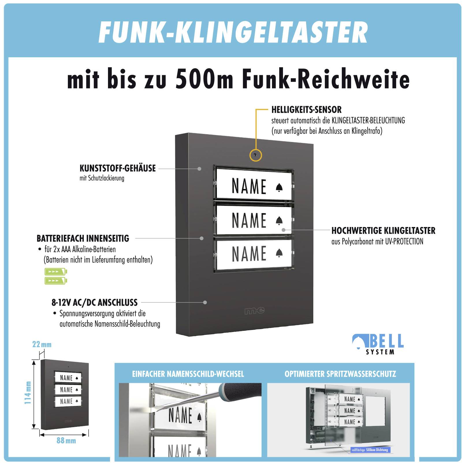 'Funk-Klingeltaster mit bis zu 500m Funk-Reichweite', Kunststoff-Gehäuse, Batteriefach, AC-Anschluss, leicht wechselbare Namen, Spritzwasserschutz, Hellikeitssensor, Klingel.