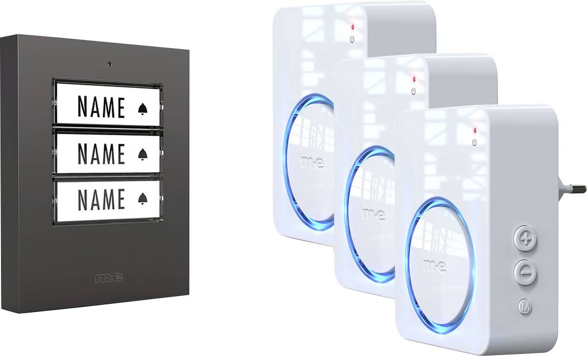 Set mit drei drahtlosen Türklingel-Empfängern mit beleuchteten LED-Anzeigen und einer schwarzen 3-Tasten-Namensschild-Platine für Haushalte.
