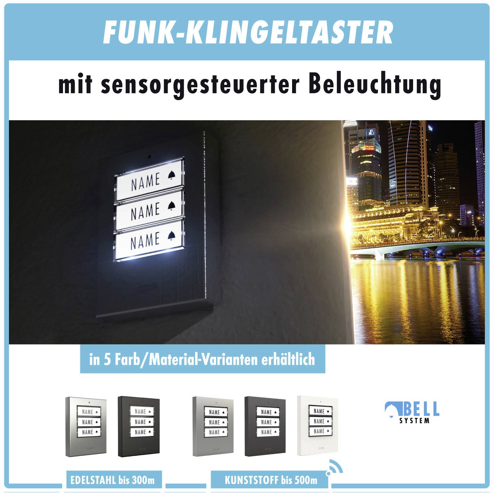 Funk-Klingeltaster mit sensorgesteuerter Beleuchtung, erhältlich in 5 Farb-/Material-Varianten, Abell System.