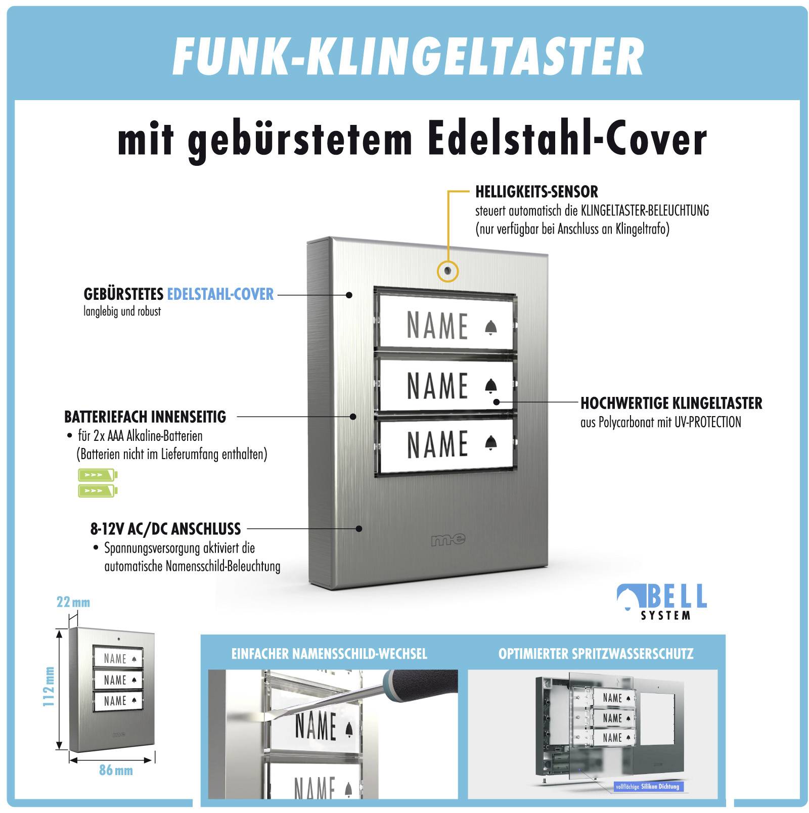 'FUNK-KLINGELTASTER mit gebürstetem Edelstahl-Cover', zeigt Wechseloptionen für Namensschilder und Details zur Installation.