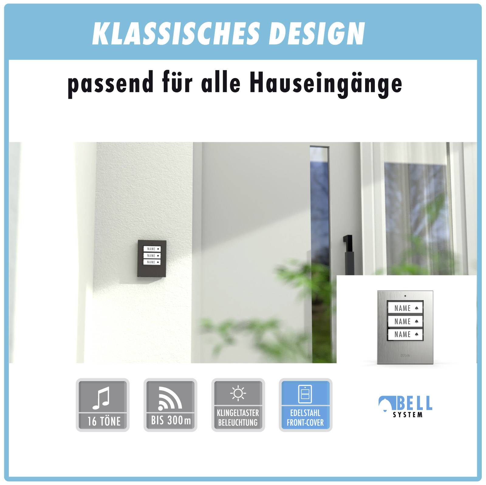Klingelschild mit drei Namen untereinander auf grauem Hintergrund, passend für alle Hauseingänge. Text oben: 'Klassisches Design'.