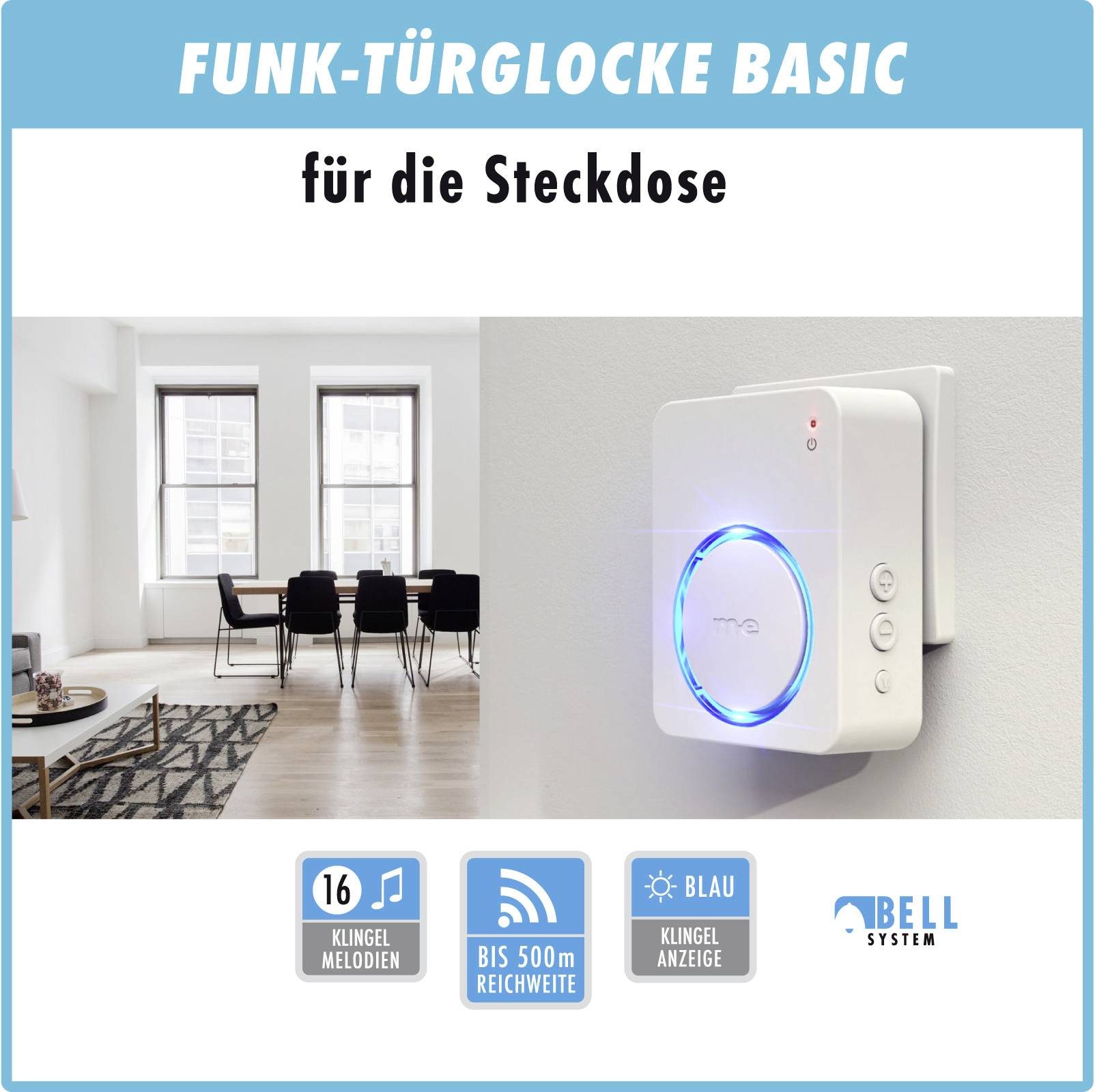 'Funk-Türglocke Basic' für die Steckdose, zeigt ein weißes Gerät mit blauem Licht, geeignet für bis zu 500 m Reichweite, 16 Klingelmelodien.