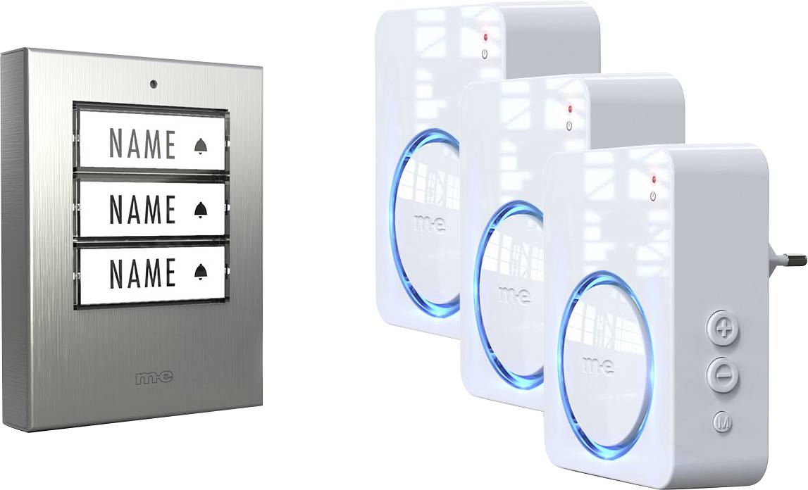 Türklingelsystem mit drei anpassbaren Namenschildern auf der linken Seite und drei einsteckbaren Klingeleinheiten mit blauen LED-Leuchten auf der rechten Seite.