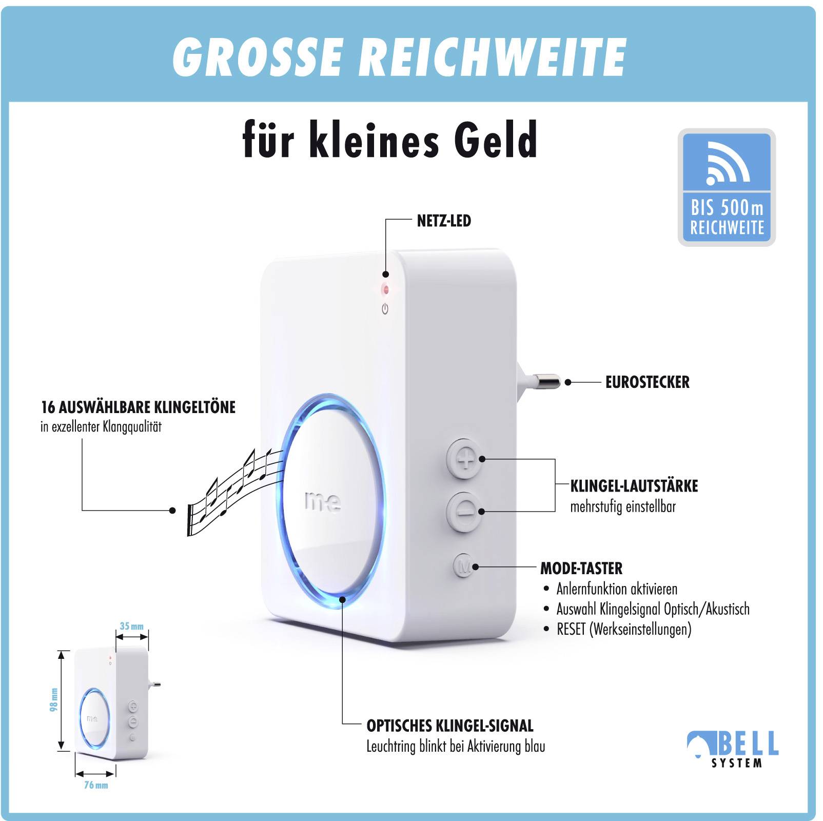 M-e modern-electronics 100172 Funkklingel Komplett-Set beleuchtet, klangaktiv, mit Bewegungsmelder, mit Namensschild