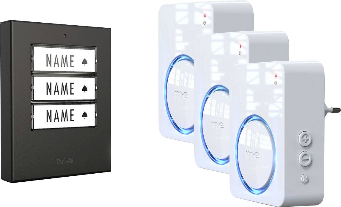 M-e modern-electronics 100172 Funkklingel Komplett-Set beleuchtet, klangaktiv, mit Bewegungsmelder, mit Namensschild
